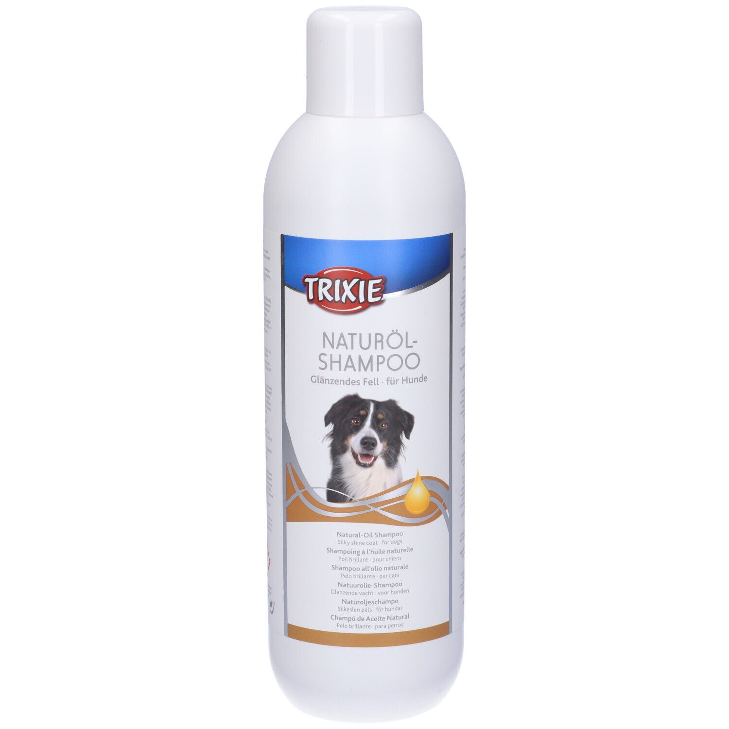 Flacone bianco di shampoo TRIXIE all'olio naturale per cani. Etichetta con foto di cane e nome del prodotto.