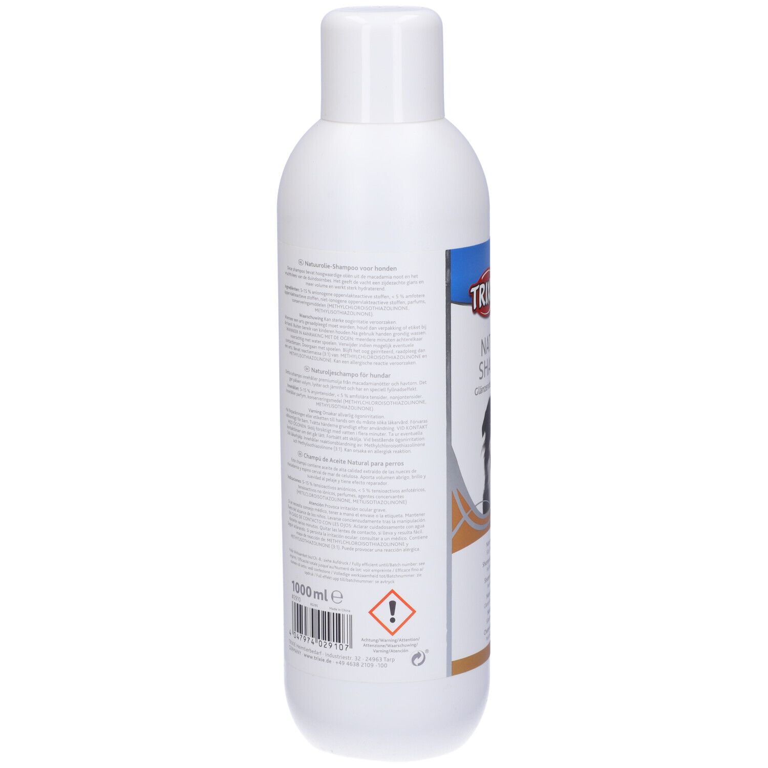 Flacone bianco di shampoo TRIXIE all'olio naturale. Retro con testo e simboli di avvertenza. 1000 ml.
