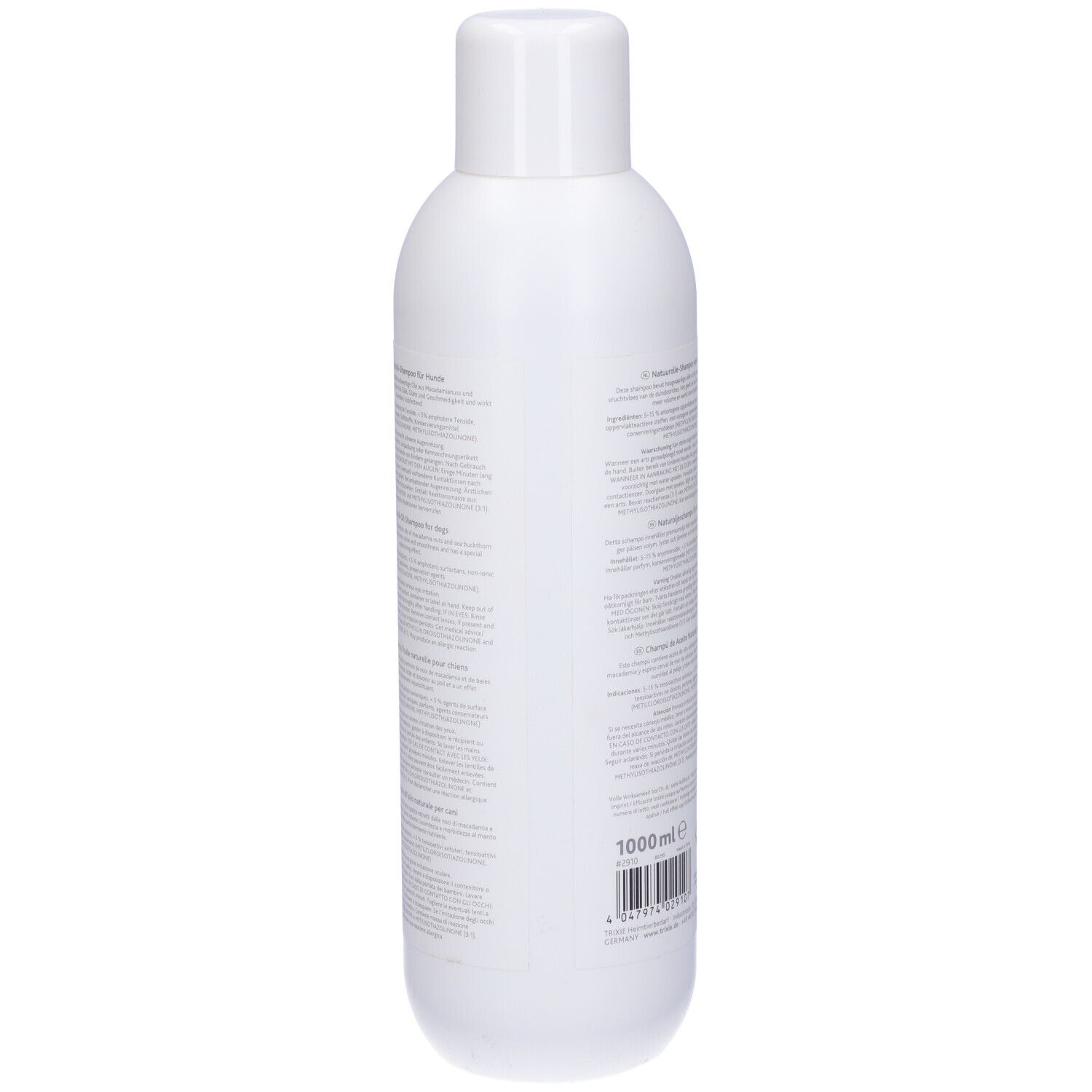 Flacone bianco di shampoo TRIXIE all'olio naturale. Retro con testo e simboli di avvertenza. 1000 ml.