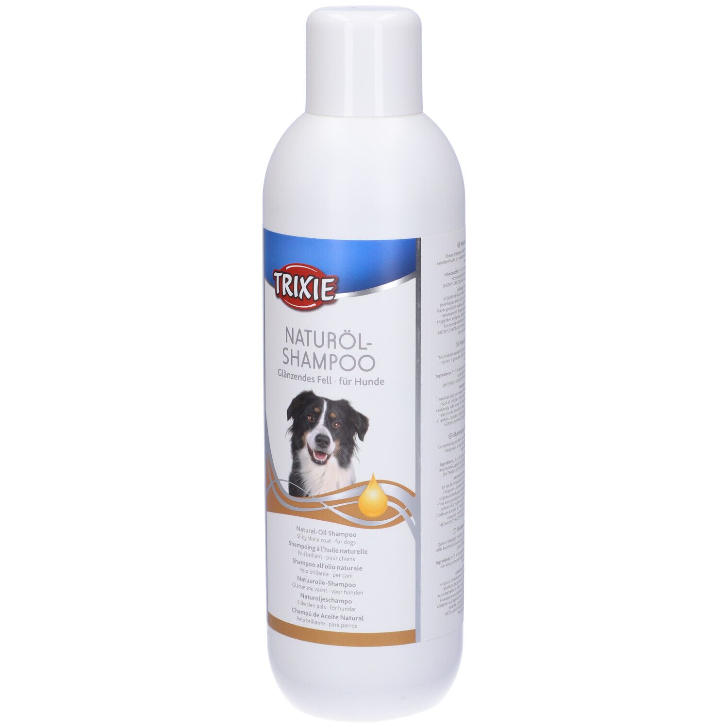 Flacone bianco di shampoo TRIXIE all'olio naturale per cani. Etichetta con foto di cane e nome del prodotto.