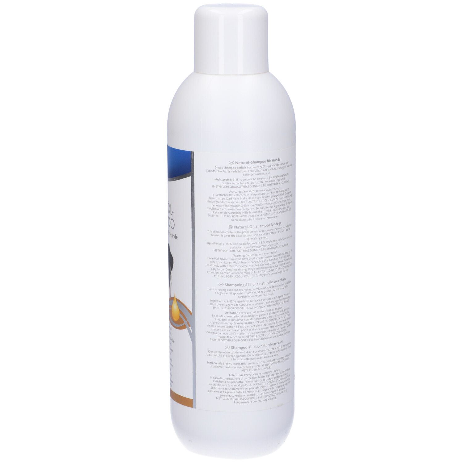 Flacone bianco di shampoo TRIXIE all'olio naturale. Retro con testo e simboli di avvertenza.