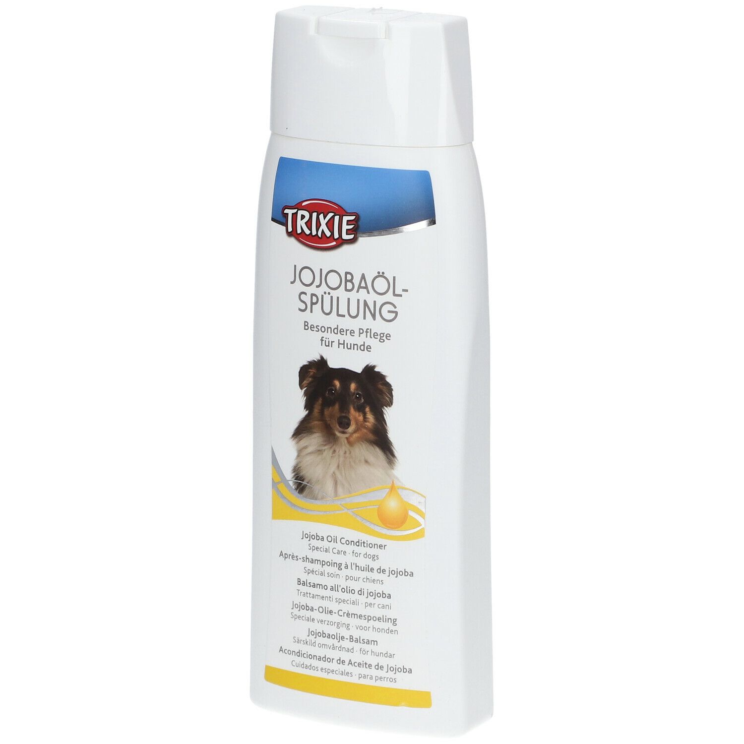 Flacone bianco con etichetta blu e gialla. Scritta: TRIXIE, Jojobaöl-Spülung. Immagine di un cane. Nome del prodotto e ingredienti.