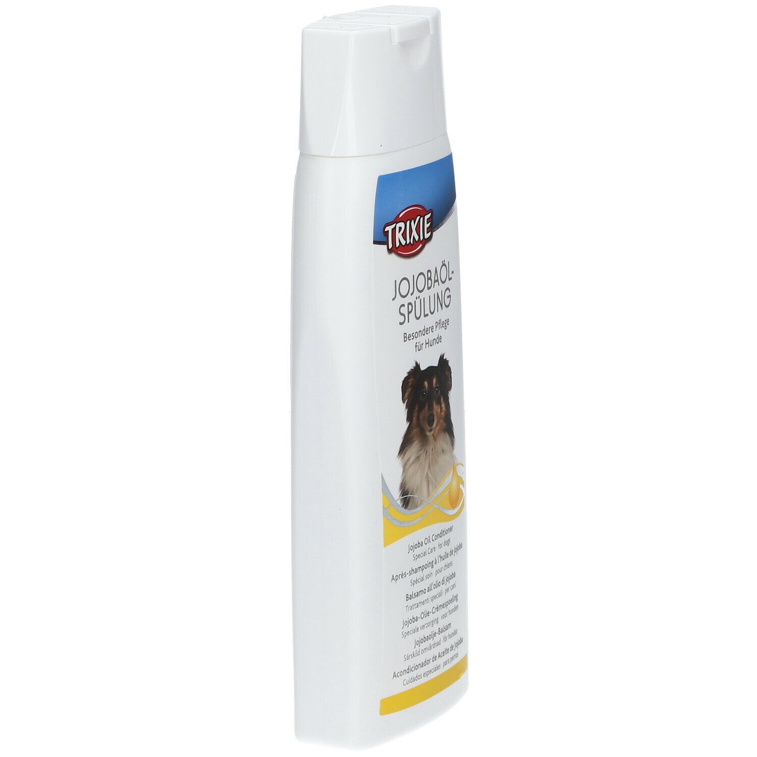 Flacone bianco, leggermente inclinato. Scritta: TRIXIE, Jojobaöl-Spülung. Immagine di un cane. Nome del prodotto e ingredienti.