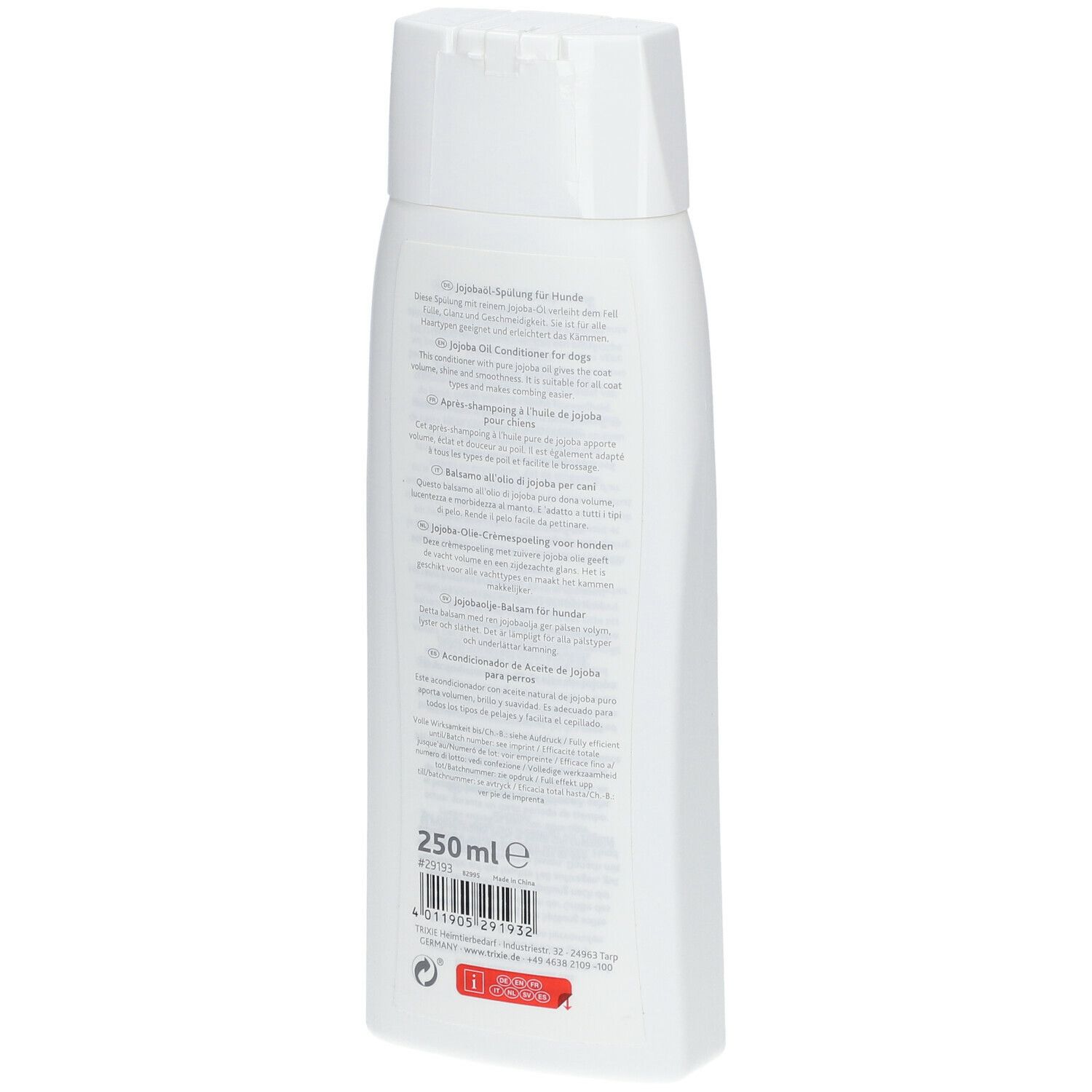Retro di un flacone bianco. Testo in più lingue. Scritta: 250 ml. Codice a barre. Informazioni del produttore.
