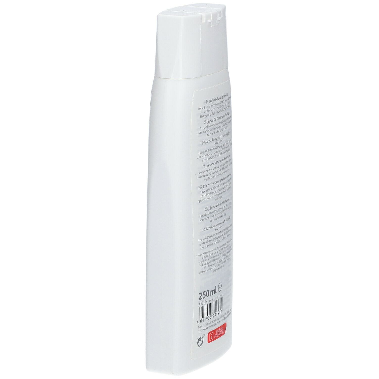 Retro di un flacone bianco. Testo in più lingue. Scritta: 250 ml. Codice a barre. Informazioni del produttore.