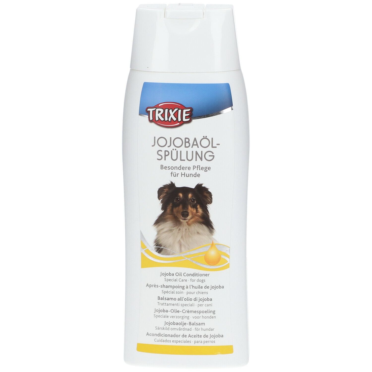 Flacone bianco con etichetta blu e gialla. Scritta: TRIXIE, Jojobaöl-Spülung. Immagine di un cane. Nome del prodotto e ingredienti.
