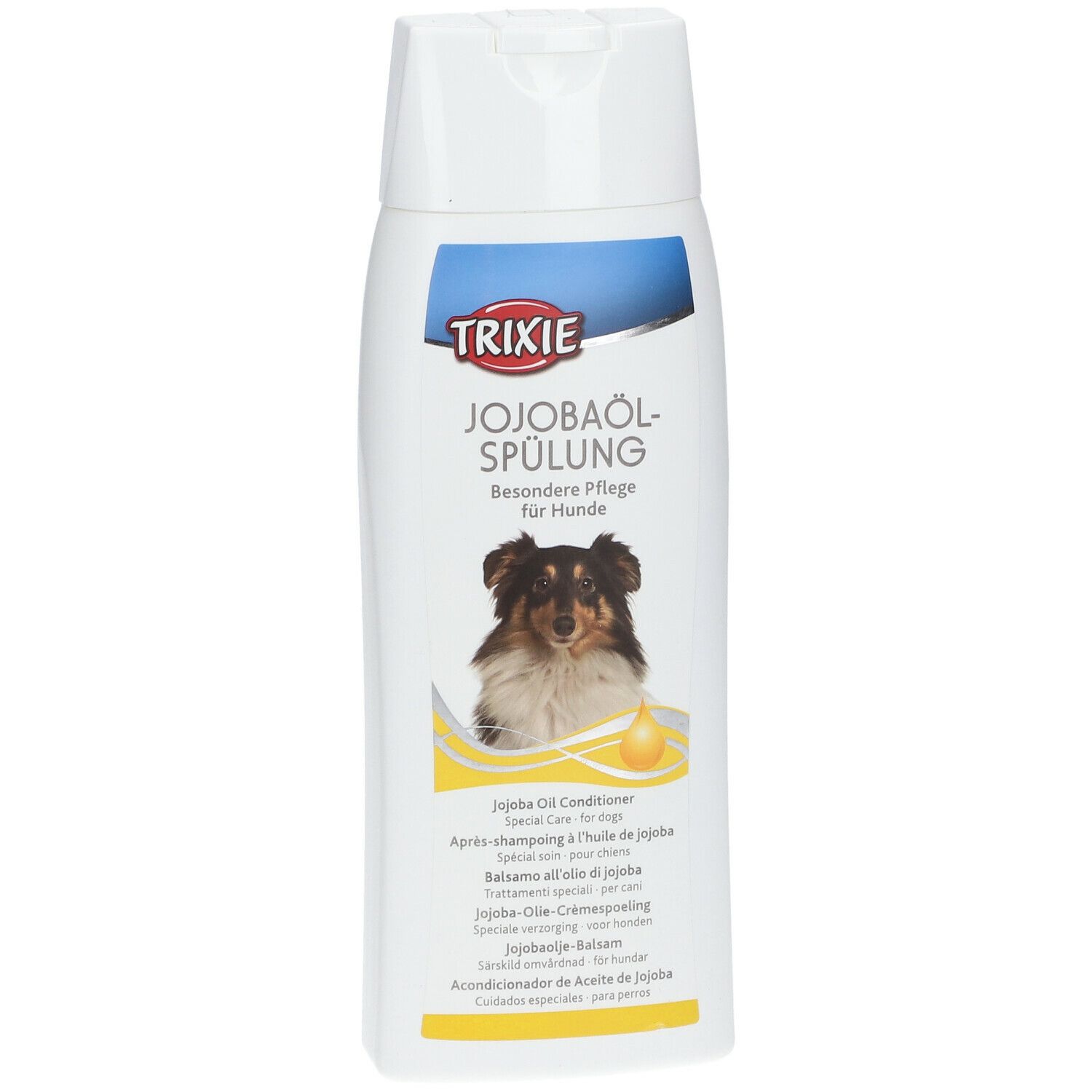 Flacone bianco con etichetta blu e gialla. Scritta: TRIXIE, Jojobaöl-Spülung. Immagine di un cane. Nome del prodotto e ingredienti.