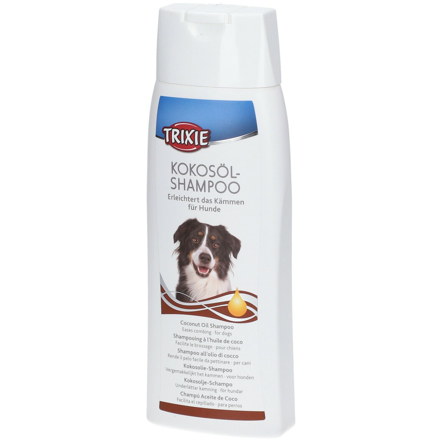 Flacone bianco di shampoo TRIXIE all'olio di cocco per cani. Foto di cane e nome del prodotto. Tappo bianco.