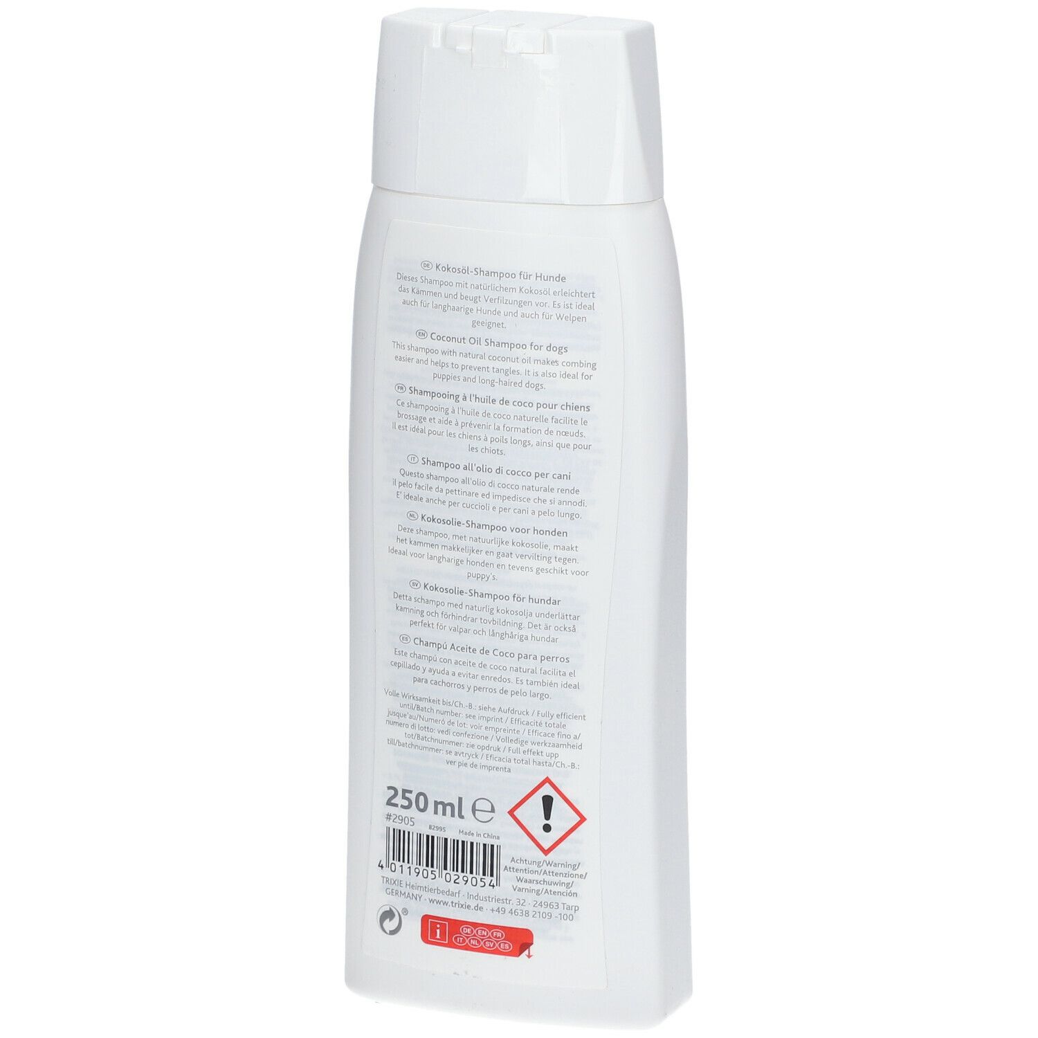 Retro del flacone bianco di shampoo TRIXIE all'olio di cocco per cani. Testo multilingue. 250ml. Simbolo di pericolo.
