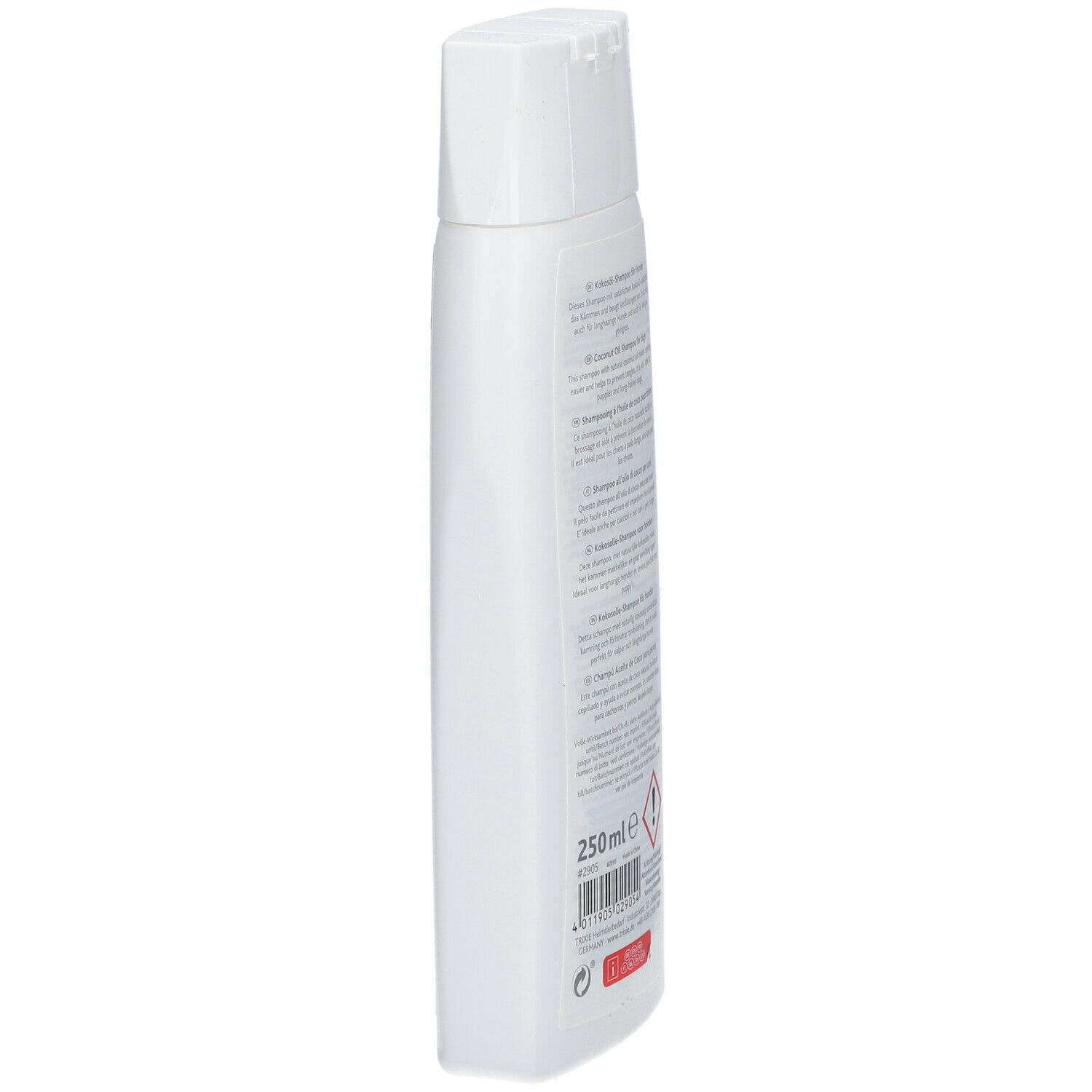 Vista laterale del flacone bianco di shampoo TRIXIE all'olio di cocco per cani. Testo e simbolo di pericolo visibili. Tappo bianco.