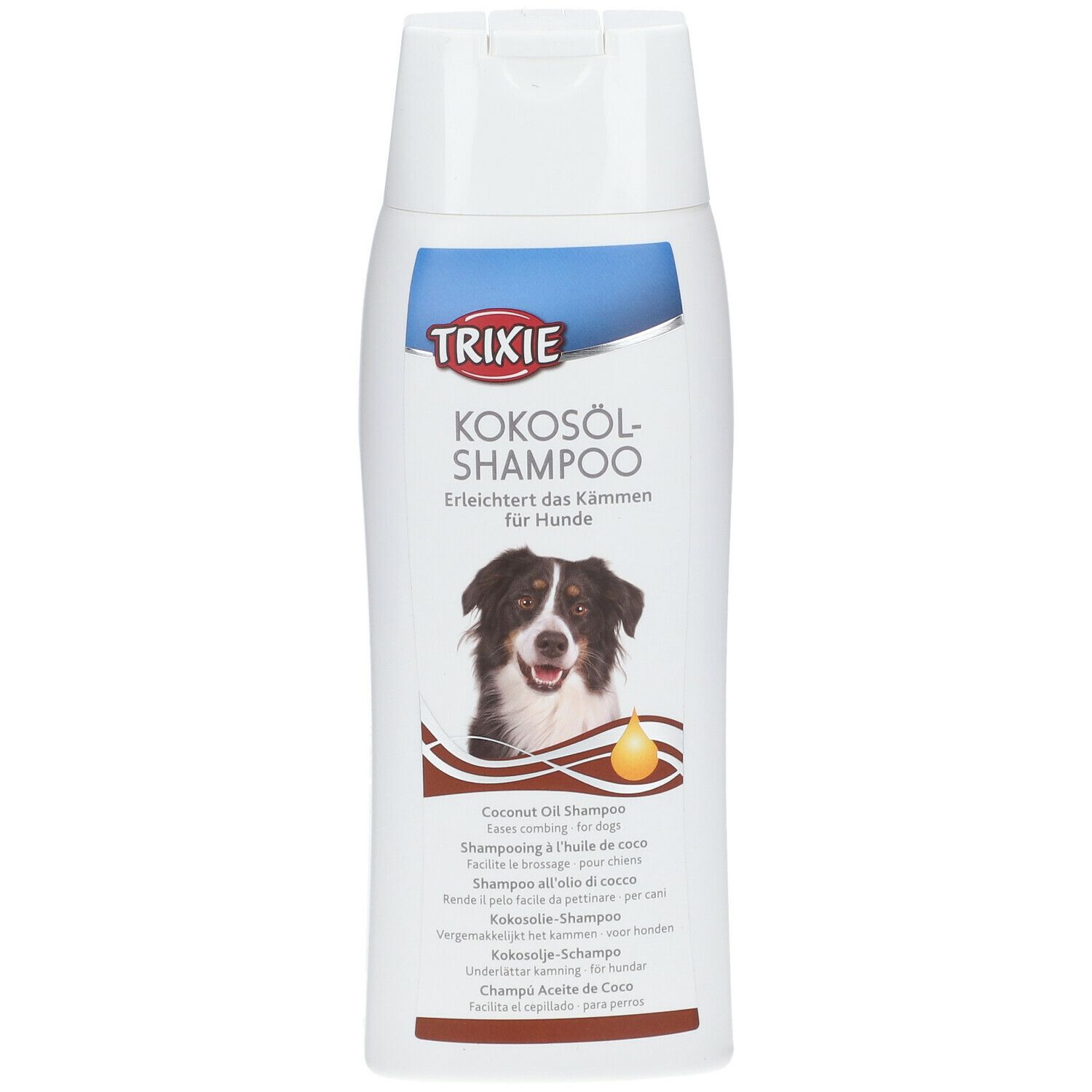 Flacone bianco di shampoo TRIXIE all'olio di cocco per cani. Foto di cane e nome del prodotto. Tappo bianco.