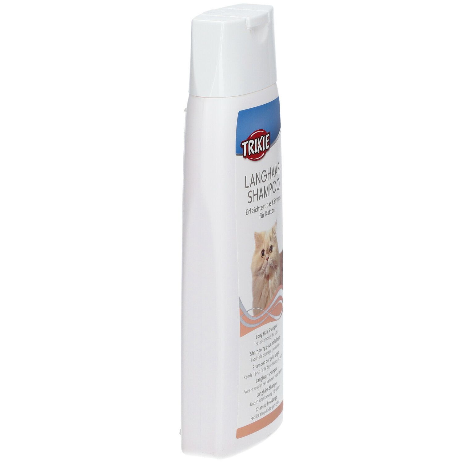 Flacone bianco di shampoo TRIXIE per gatti a pelo lungo. Vista laterale. Testo in tedesco, inglese, italiano, olandese e francese.