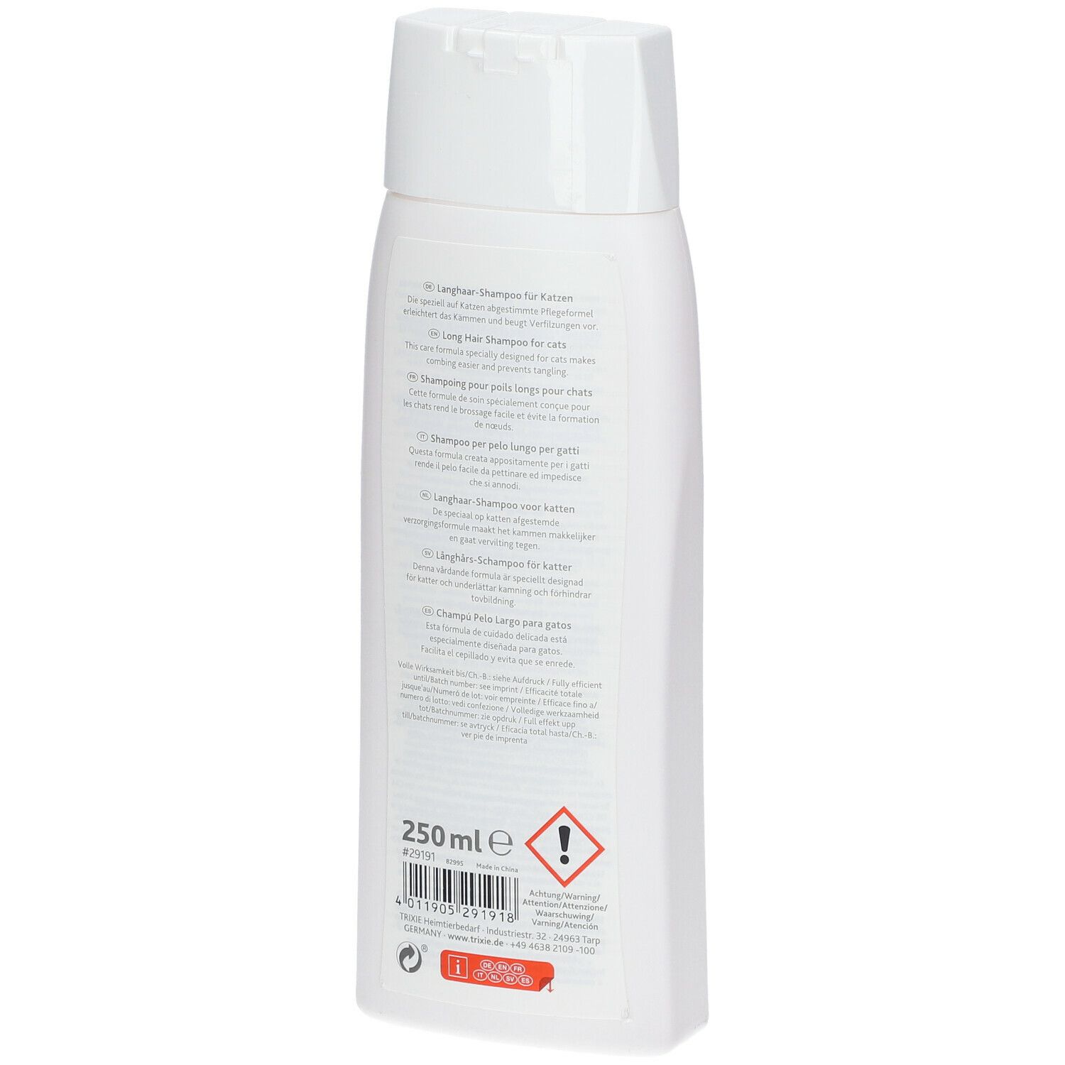 Retro del flacone bianco di shampoo TRIXIE. Testo in tedesco, inglese, italiano, olandese e francese. 250 ml.