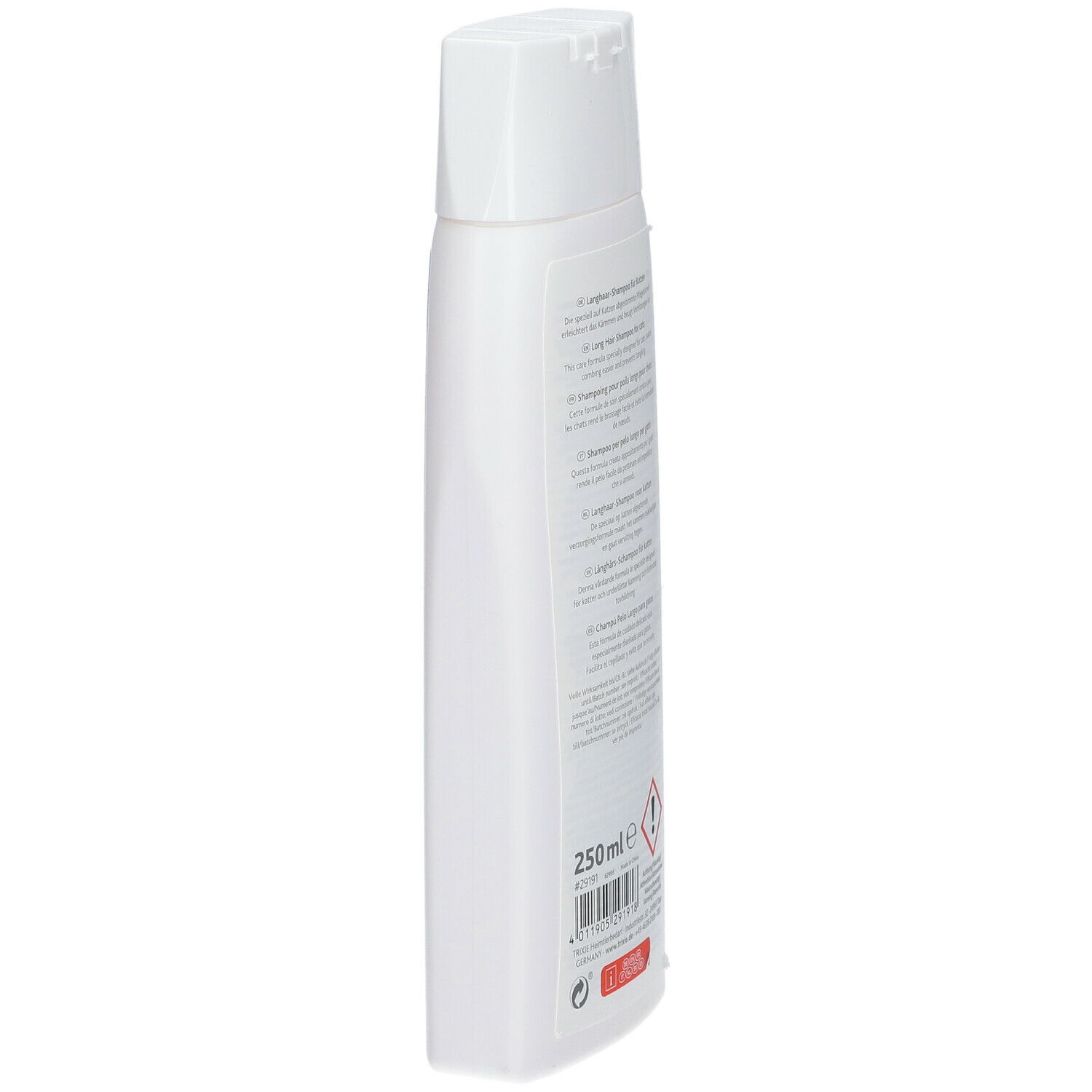 Vista laterale del flacone bianco di shampoo TRIXIE. Testo e 250 ml. Simbolo di avvertimento.