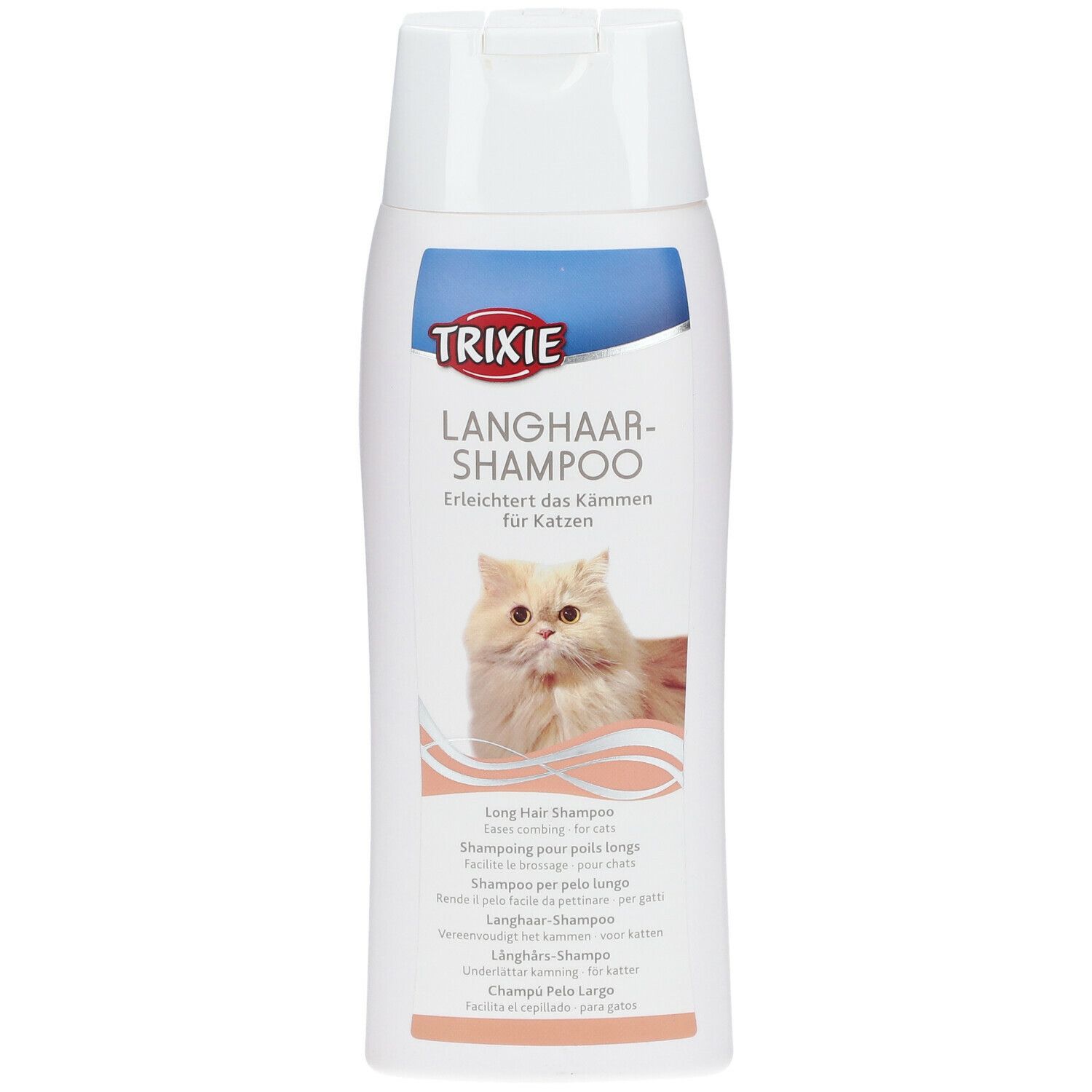 Flacone bianco di shampoo TRIXIE per gatti a pelo lungo. Immagine di un gatto. Testo in tedesco, inglese, italiano, olandese e francese.