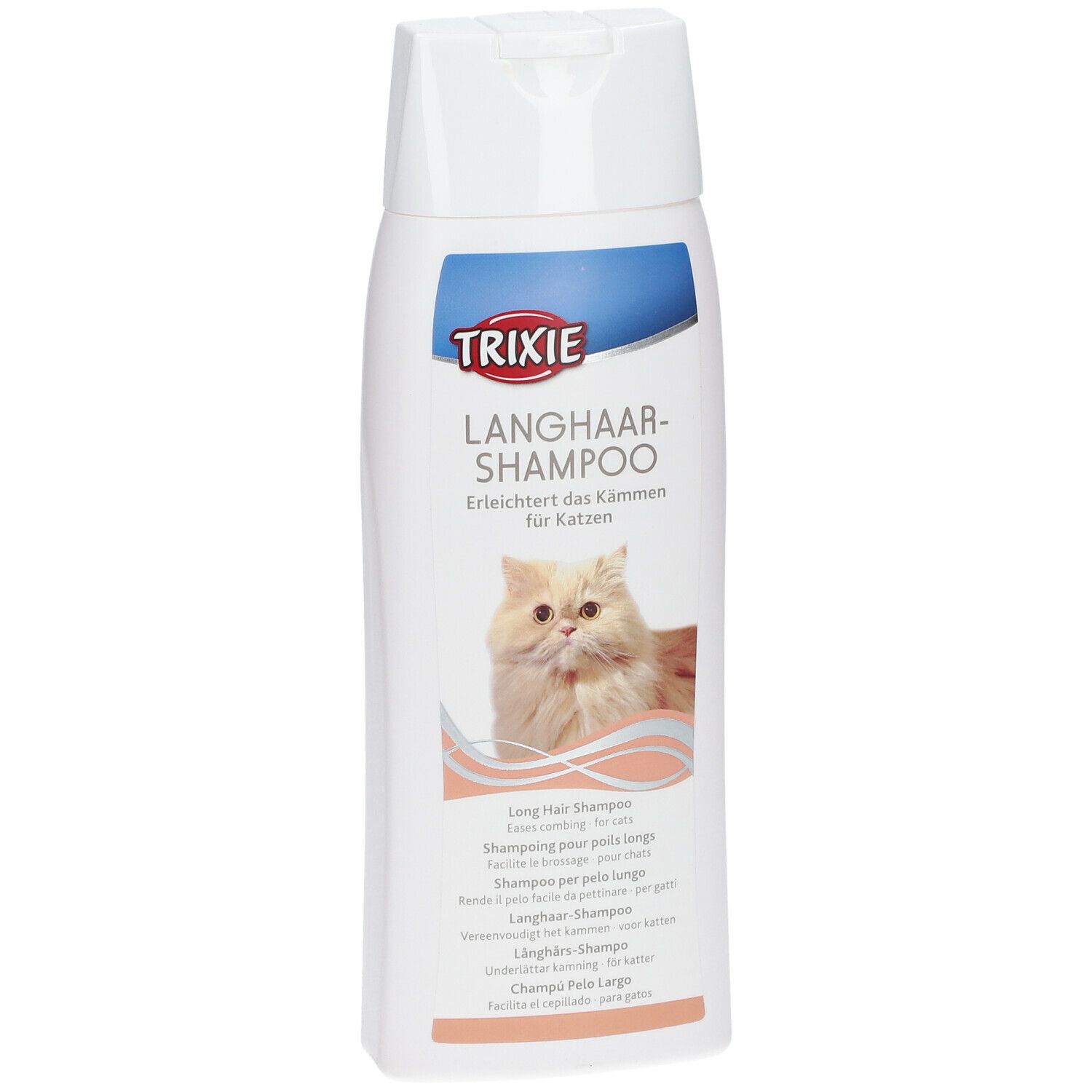 Flacone bianco di shampoo TRIXIE per gatti a pelo lungo. Immagine di un gatto. Testo in tedesco, inglese, italiano, olandese e francese.