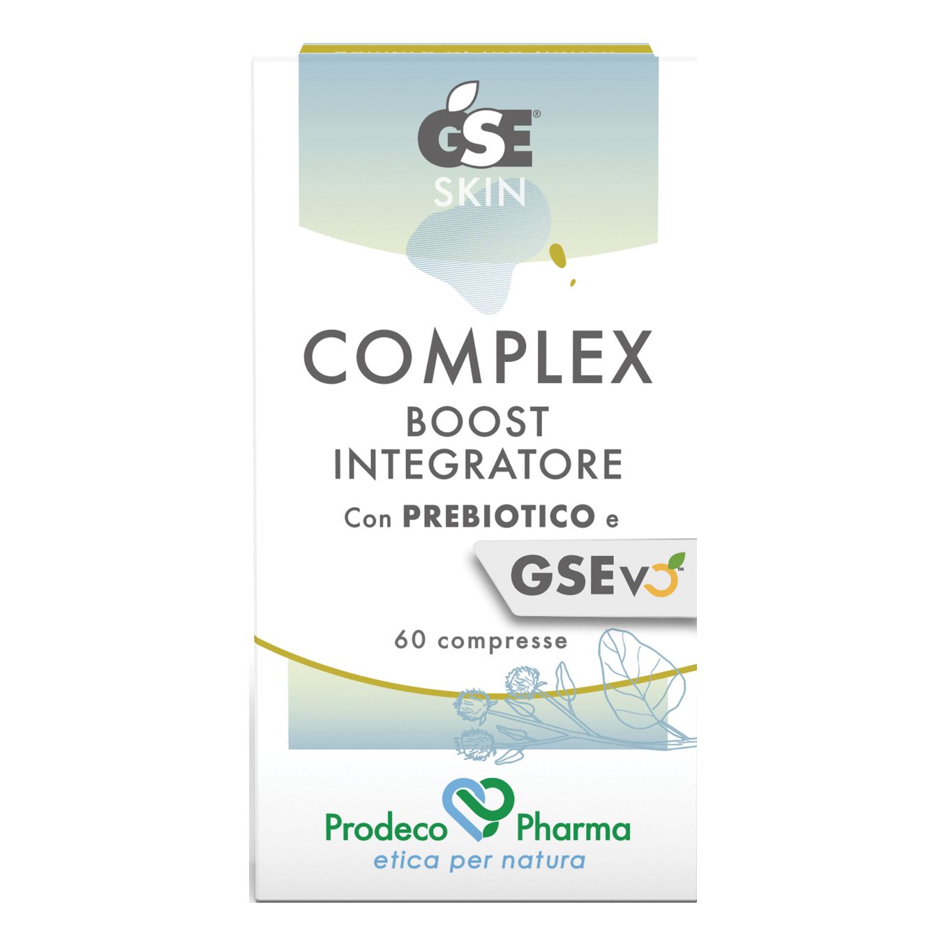 Scatola bianca con GSE Skin Complex Boost. Testo: Integratore, 60 compresse, Prodeco Pharma.