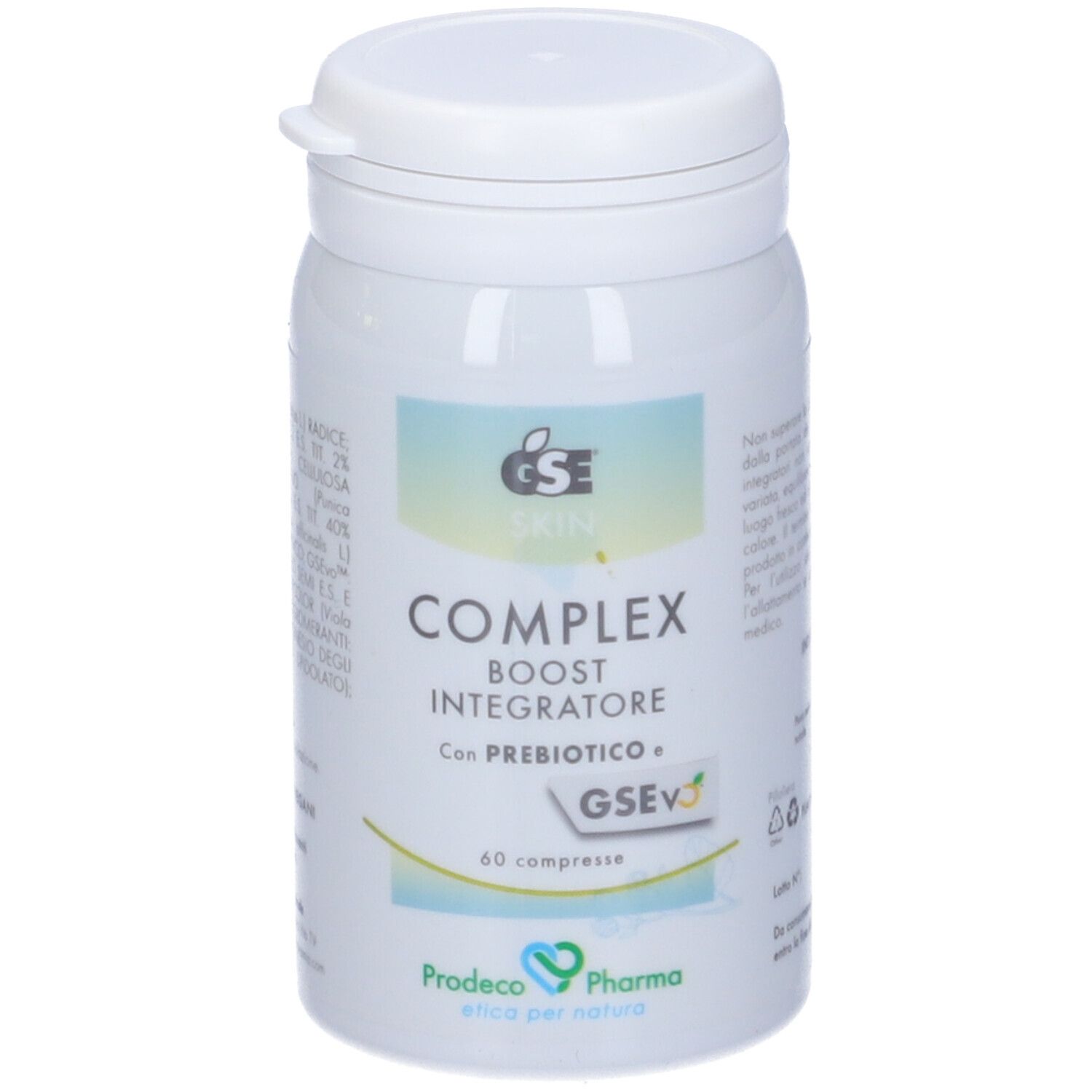 Flacone bianco con GSE Skin Complex Boost. Testo: Integratore, 60 compresse, Prodeco Pharma. Coperchio bianco.
