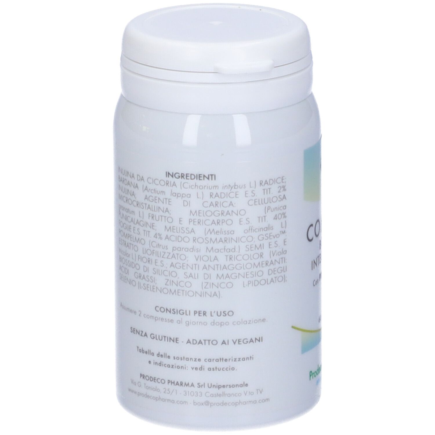 Flacone bianco con elenco ingredienti. Testo: Ingrédients, Consigli per l'uso, Senza glutine, Adatto ai vegani.