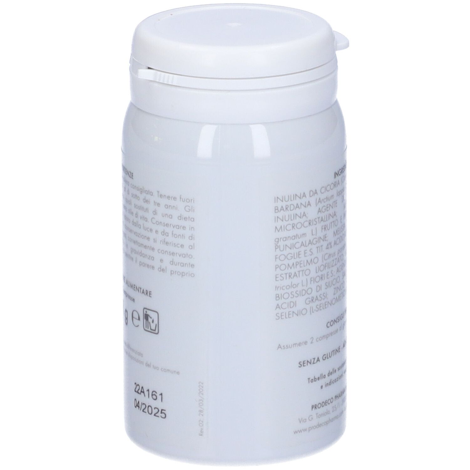 Flacone bianco con elenco ingredienti. Testo: Ingrédients, Consigli per l'uso, Senza glutine, Adatto ai vegani.