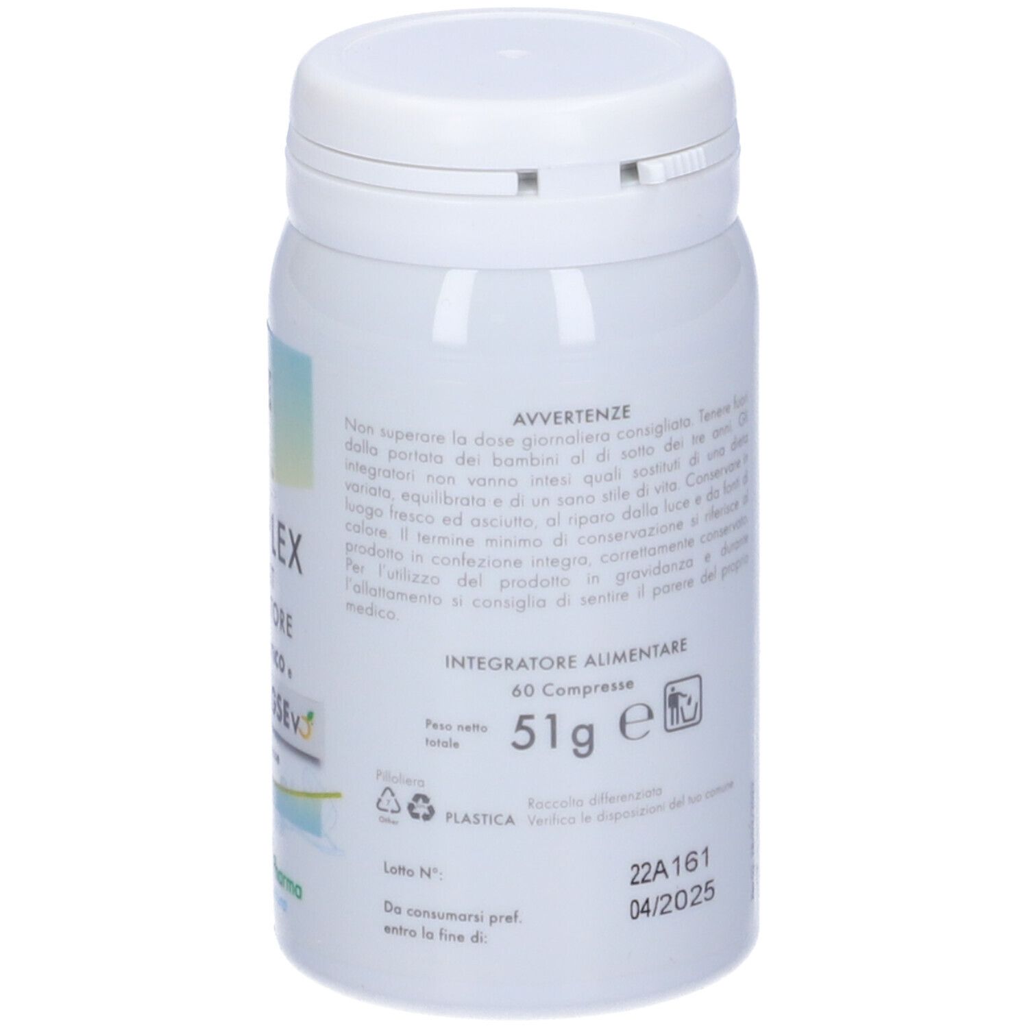 Flacone bianco con testo. Testo: Integratore Alimentare, 60 compresse, 51g. Simboli di riciclaggio.
