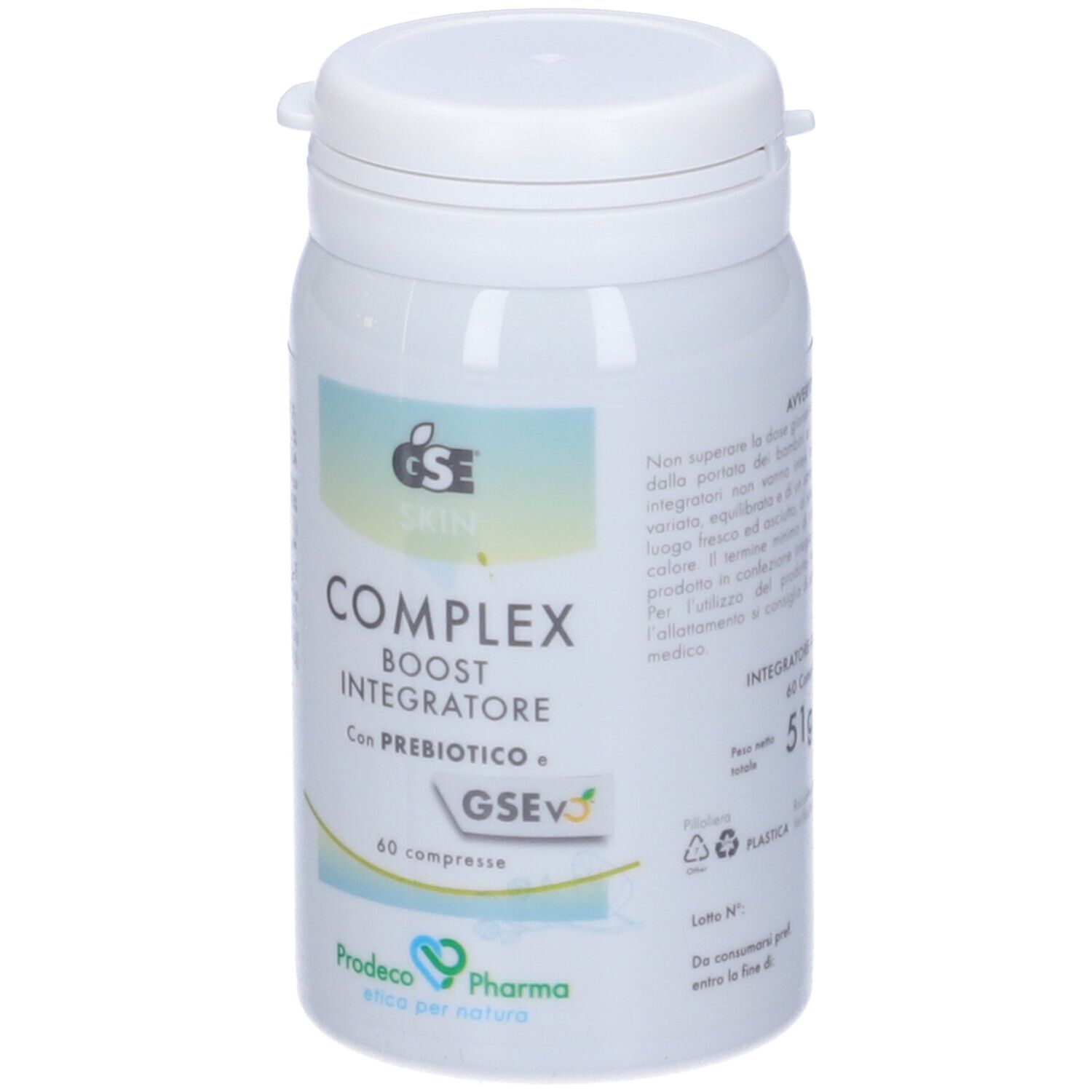 Flacone bianco con GSE Skin Complex Boost. Testo: Integratore, 60 compresse, Prodeco Pharma. Coperchio bianco.