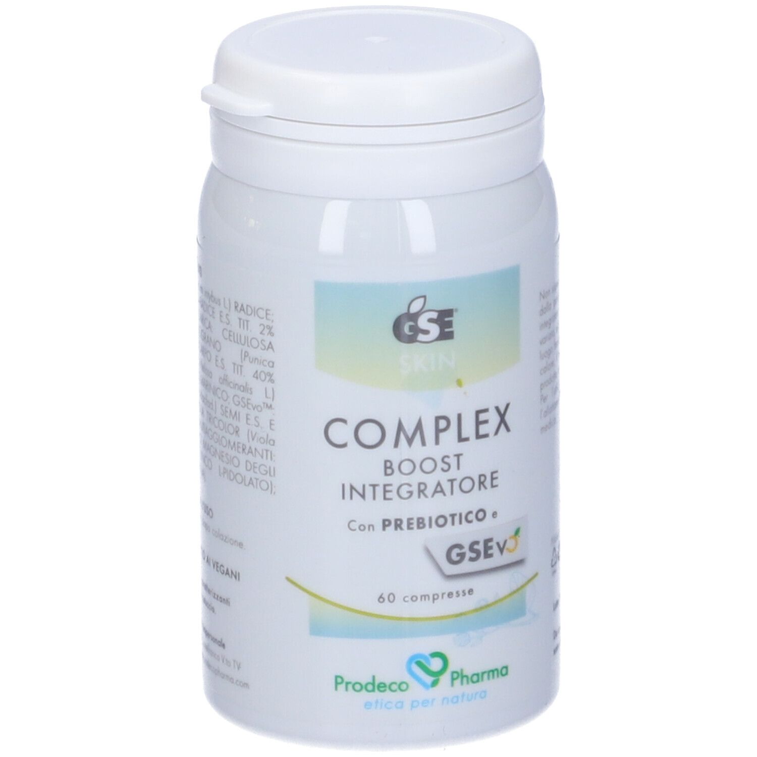 Flacone bianco con GSE Skin Complex Boost. Testo: Integratore, 60 compresse, Prodeco Pharma. Coperchio bianco.