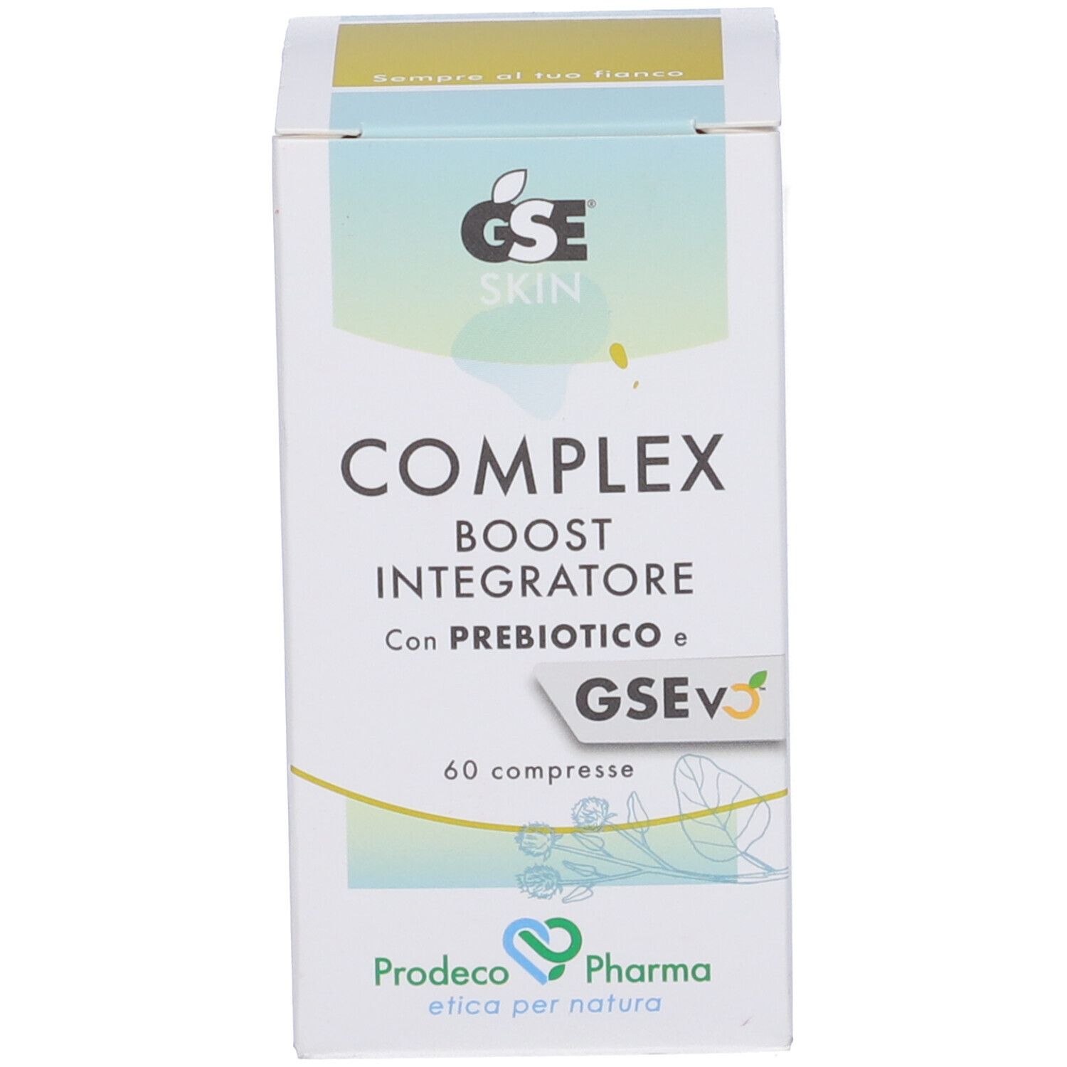 Scatola con GSE Skin Complex Boost. Testo: Integratore, 60 compresse, Prodeco Pharma.