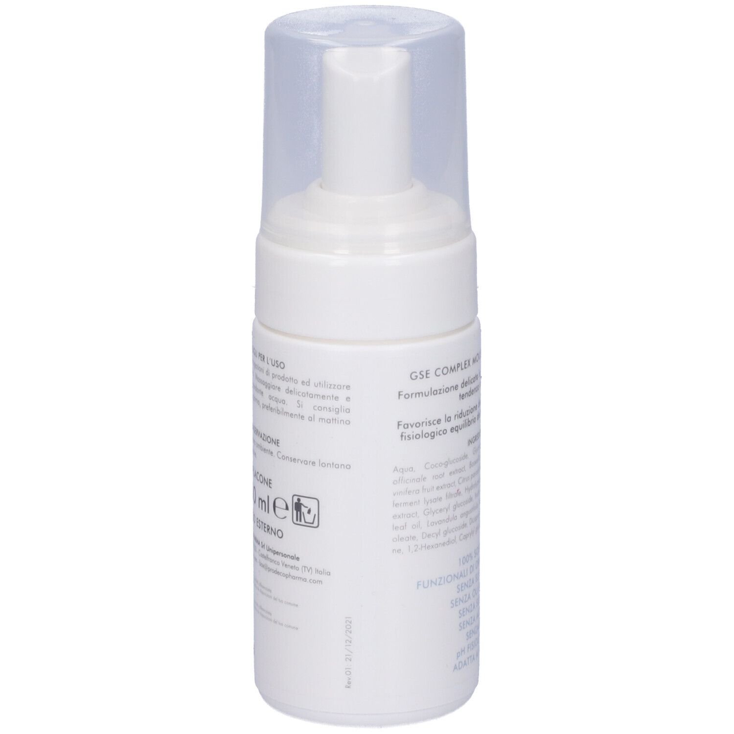 Rückseite der weißen Flasche. Text: GSE Complex Mousse Detergente. Informationen zur Anwendung. 100 ml.