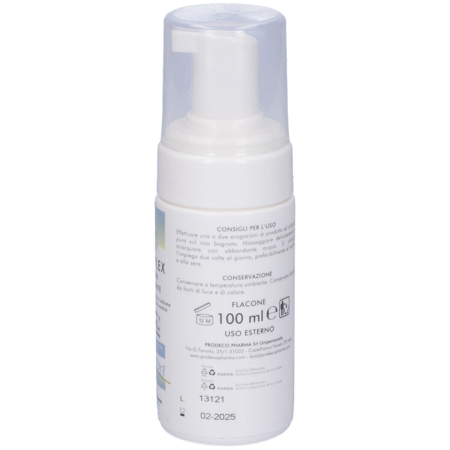 Rückseite der weißen Flasche. Text: GSE Complex Mousse Detergente. Hinweise zur Anwendung. 100 ml. Flasche.