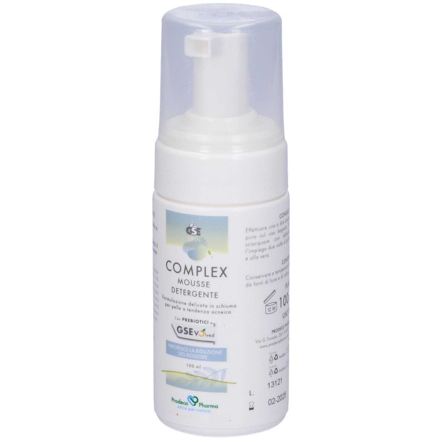 Weiße Flasche mit Pumpaufsatz. Text: GSE Complex Mousse Detergente. Mit Prebiotika. 100 ml. Produktetikett.