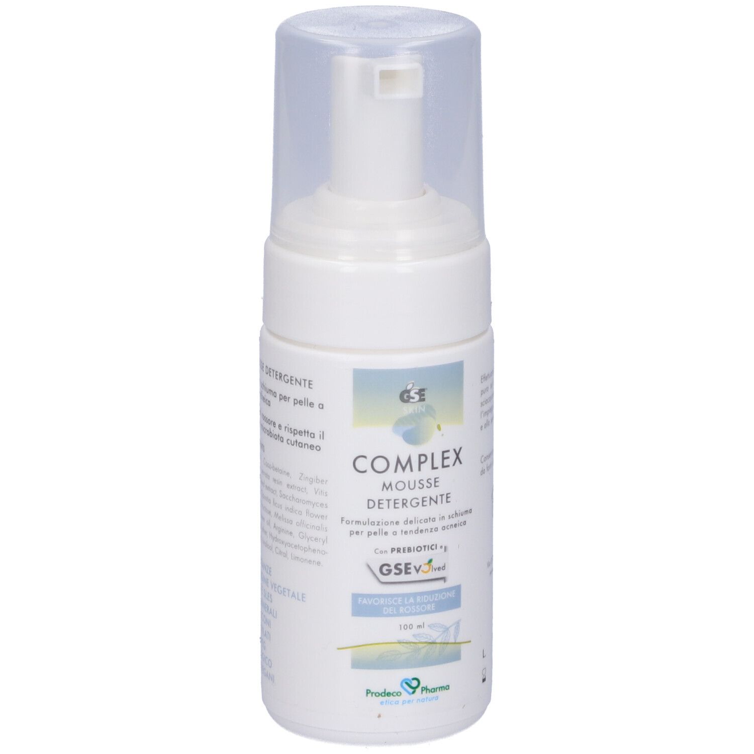 Weiße Flasche mit Pumpaufsatz. Text: GSE Complex Mousse Detergente. Mit Prebiotika. 100 ml. Produktetikett.