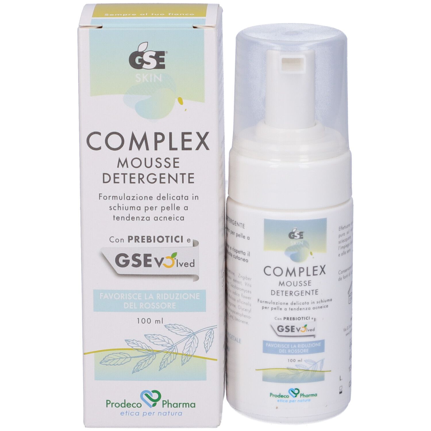 Produktverpackung und Flasche. Text: GSE Skin Complex Mousse Detergente. Mit Prebiotika. 100 ml. Produktetikett.