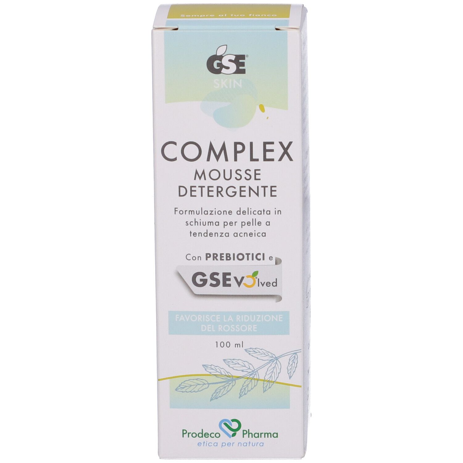 Produktverpackung. Text: GSE Skin Complex Mousse Detergente. Mit Prebiotika. 100 ml. Produktetikett.