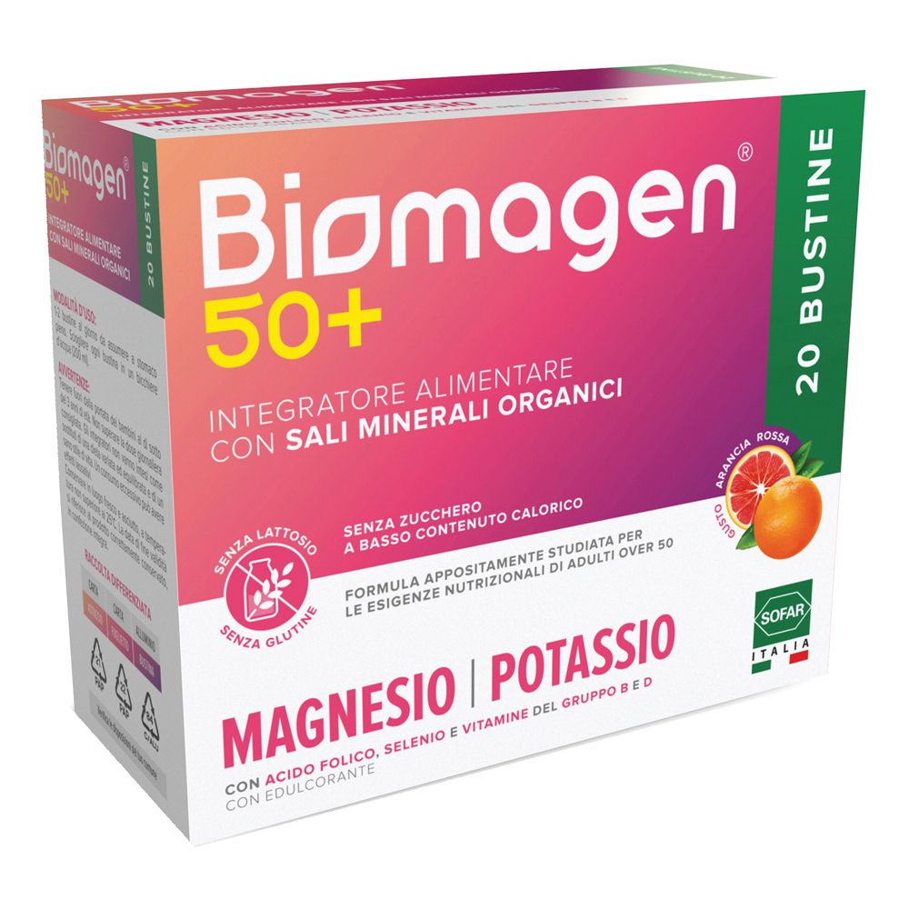 Confezione di Biomagen 50+ con 20 bustine. Contiene magnesio, potassio e altri ingredienti. Senza zucchero, lattosio e glutine.
