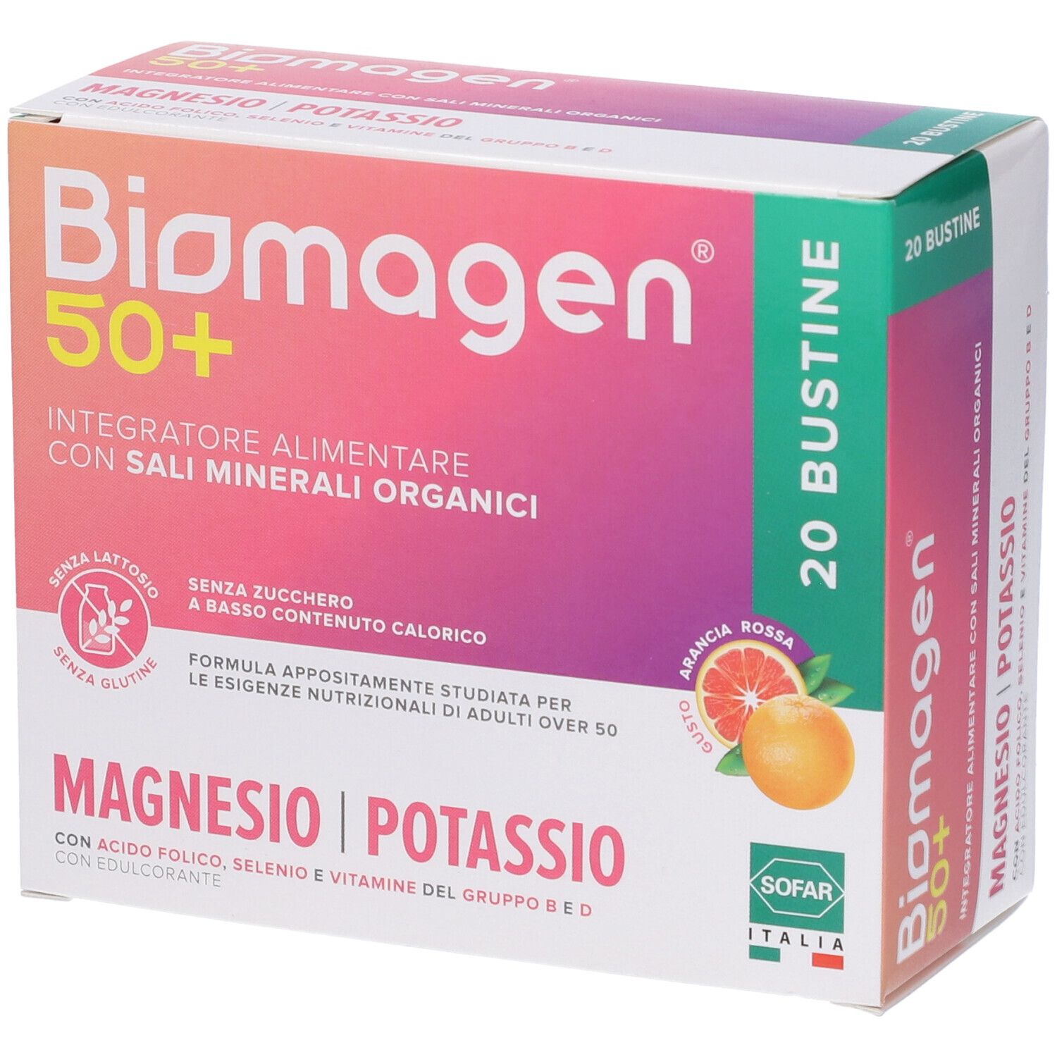 Confezione di Biomagen 50+ con 20 bustine. Contiene magnesio, potassio e altri ingredienti. Senza zucchero, lattosio e glutine.