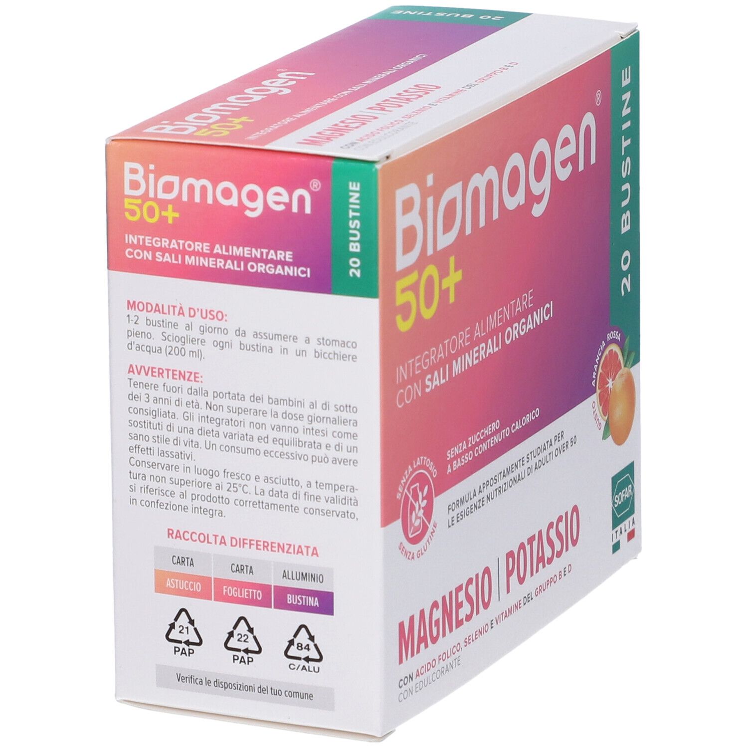 Confezione di Biomagen 50+ con 20 bustine. Contiene magnesio, potassio e altri ingredienti. Senza zucchero, lattosio e glutine.