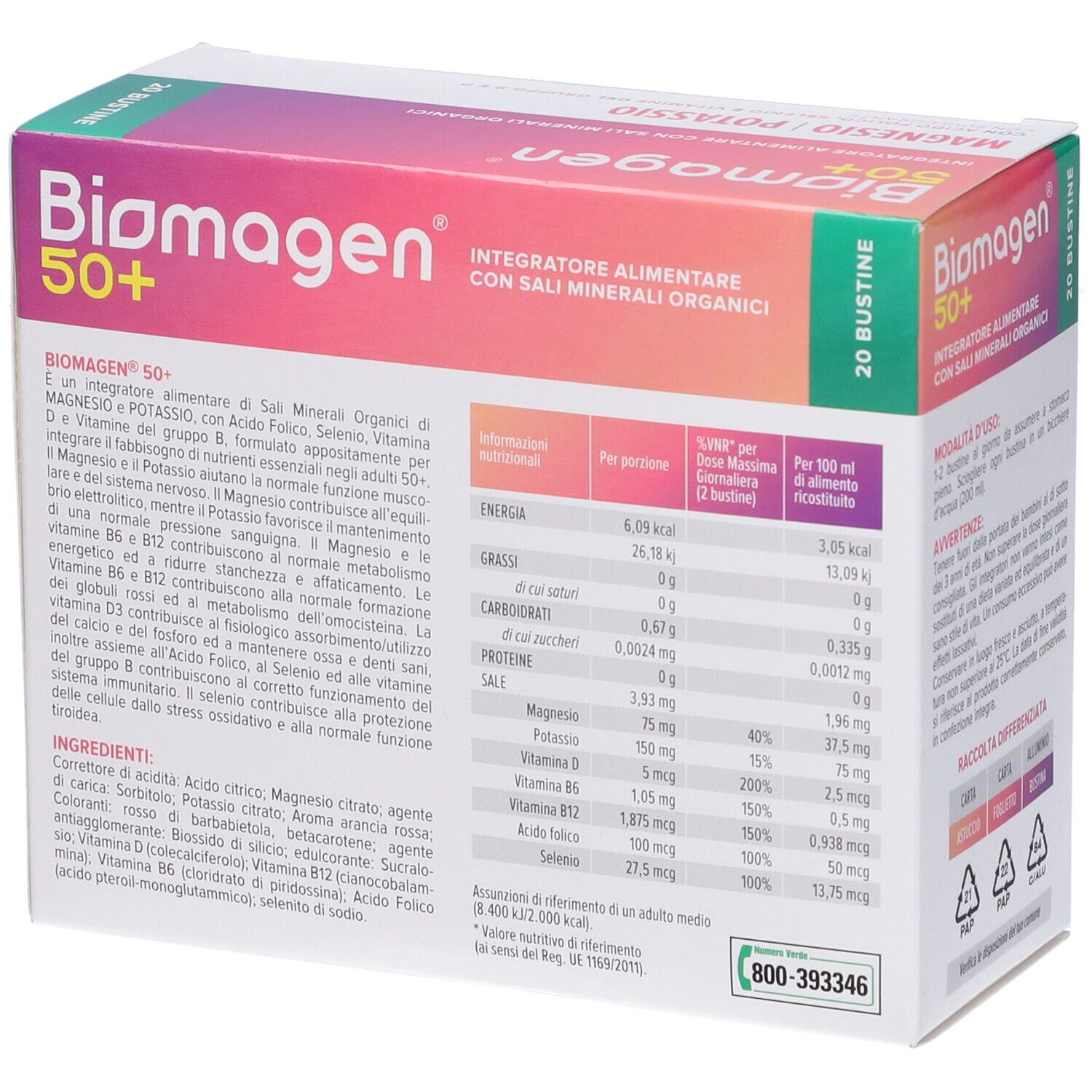 Confezione di Biomagen 50+ con 20 bustine. Contiene magnesio, potassio e altri ingredienti. Senza zucchero, lattosio e glutine.