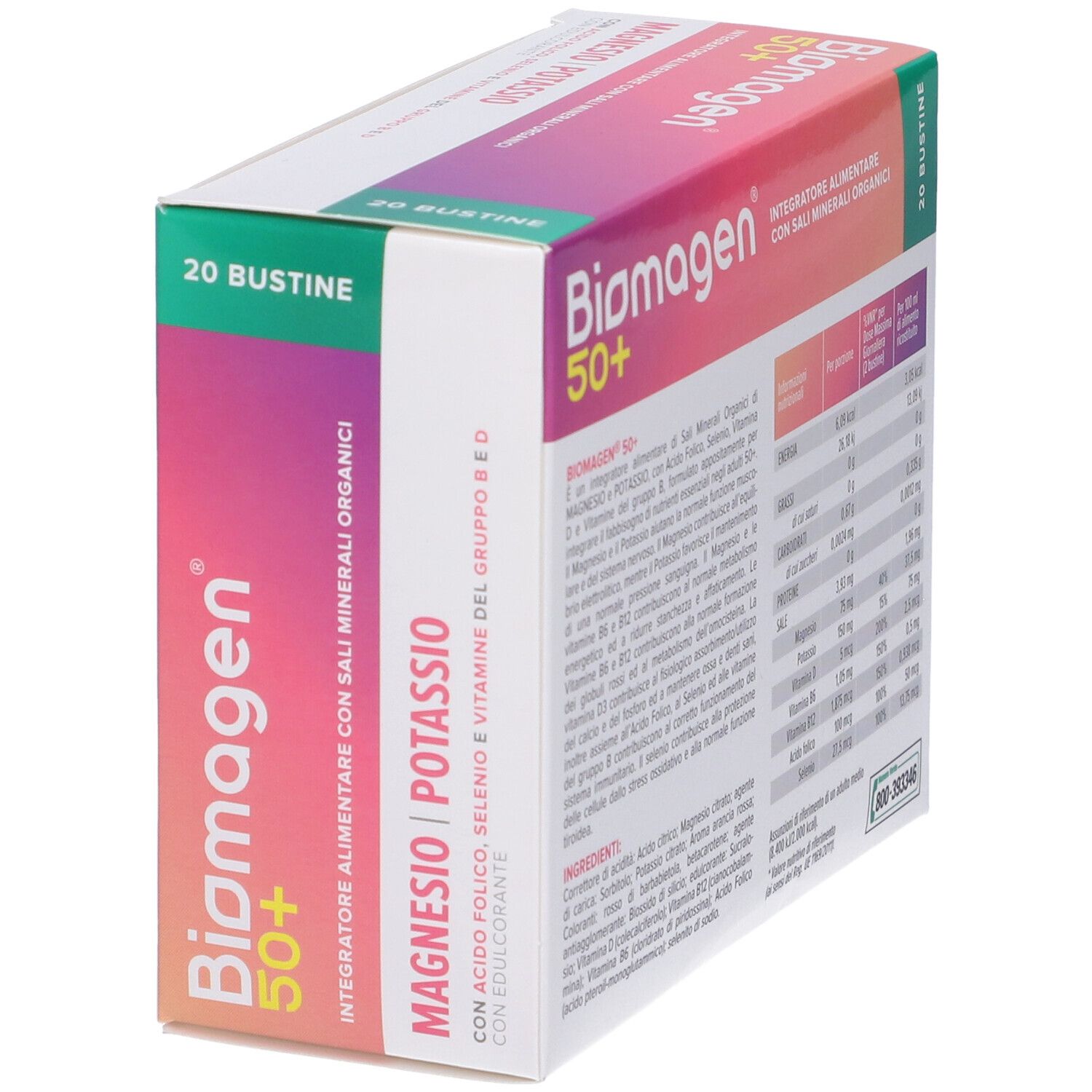 Confezione di Biomagen 50+ con 20 bustine. Contiene magnesio, potassio e altri ingredienti. Senza zucchero, lattosio e glutine.