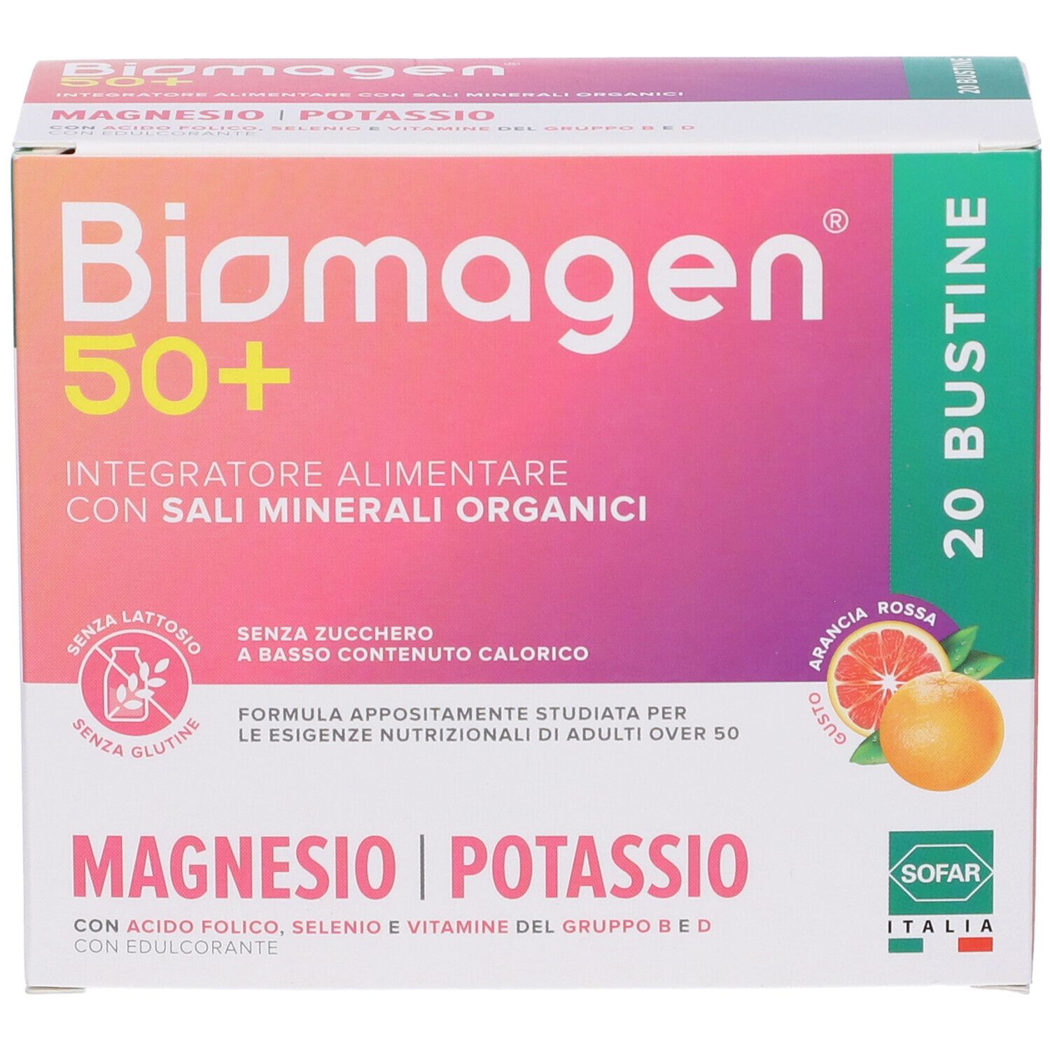 Confezione di Biomagen 50+ con 20 bustine. Contiene magnesio, potassio e altri ingredienti. Senza zucchero, lattosio e glutine.