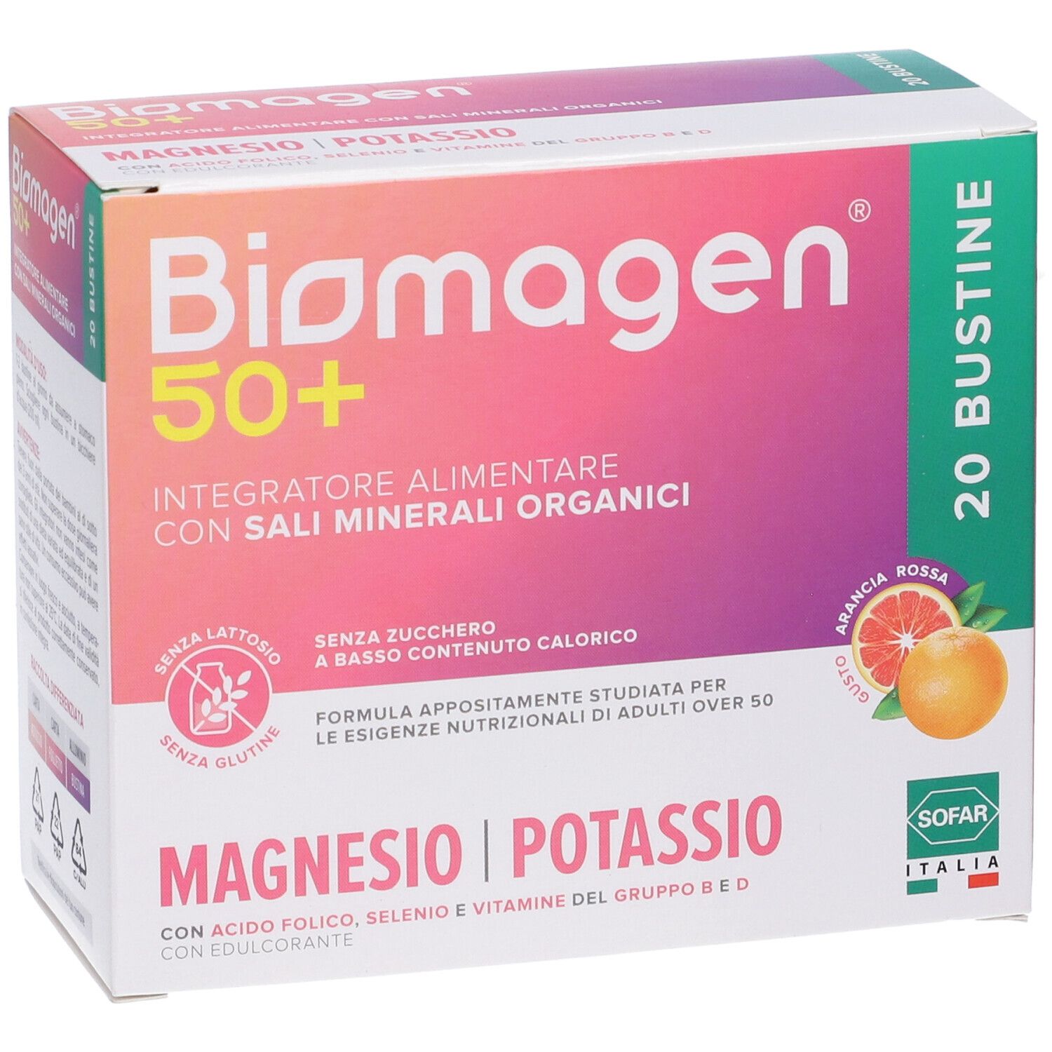 Confezione di Biomagen 50+ con 20 bustine. Contiene magnesio, potassio e altri ingredienti. Senza zucchero, lattosio e glutine.