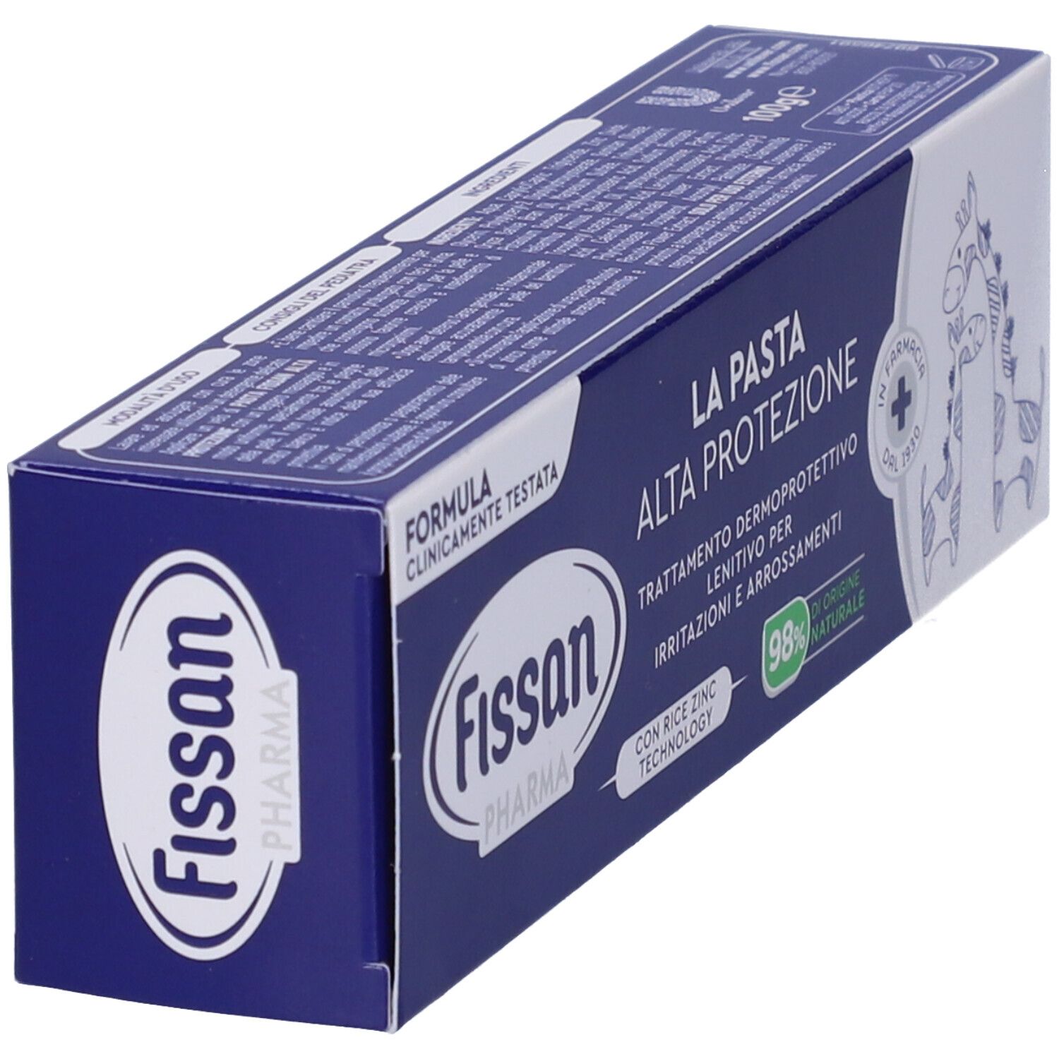 Scatola in prospettiva. Blu e bianca con nome e logo. Testo: Alta Protezione, trattamento per irritazioni. 98% ingredienti naturali.