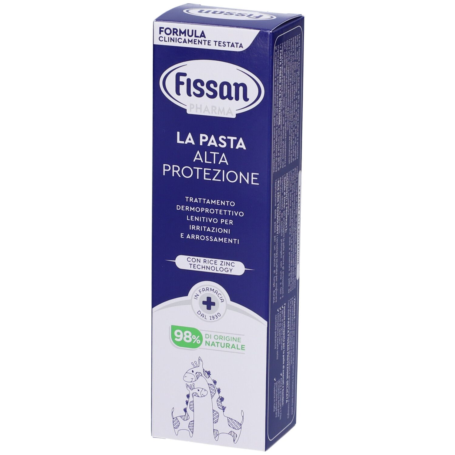 Scatola blu con nome e logo. Testo: Alta Protezione, trattamento per irritazioni. 98% ingredienti naturali. Illustrazione: giraffe.