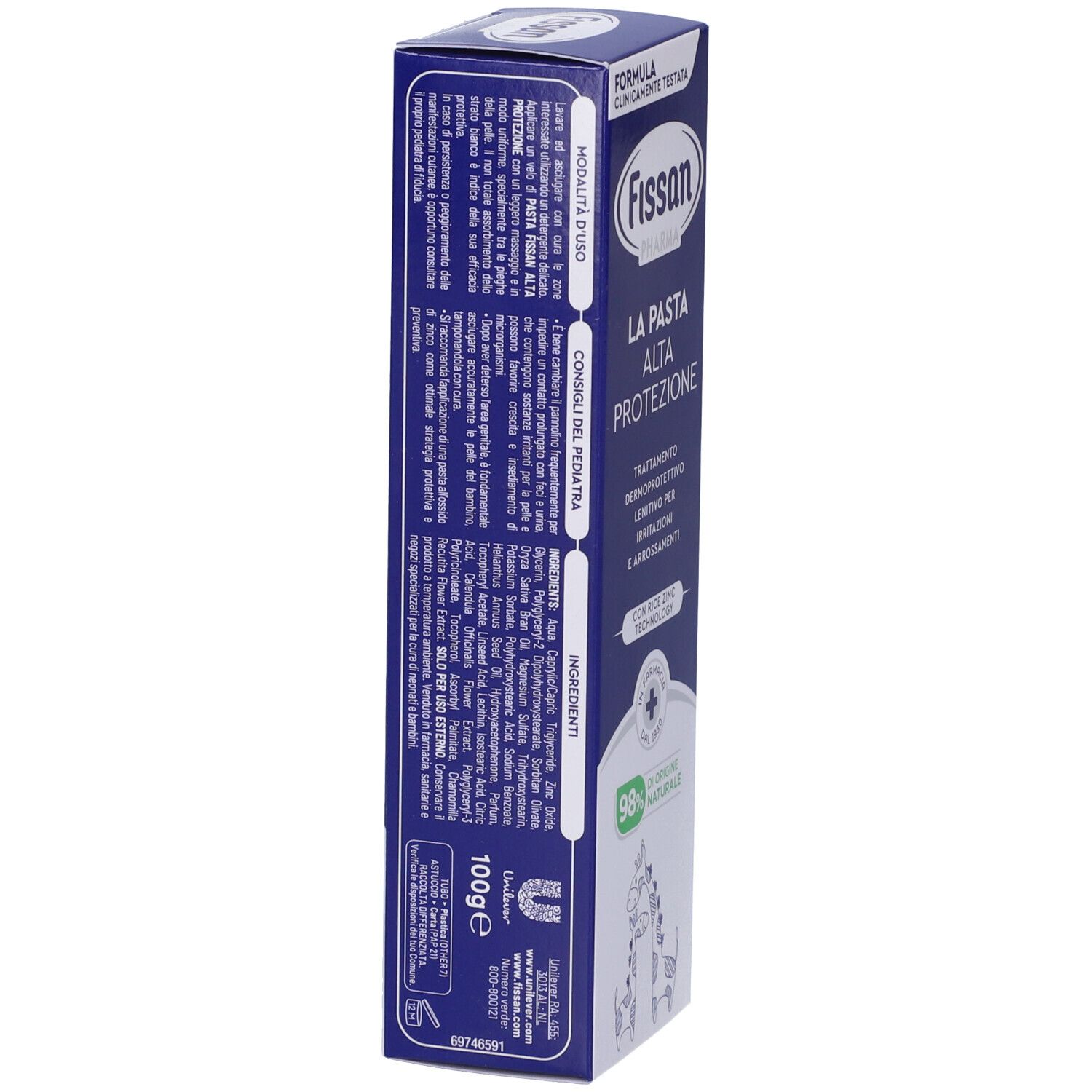 Retro della scatola con testo. Nome e logo del prodotto. Testo: Alta Protezione, ingredienti, istruzioni. 98% ingredienti naturali.