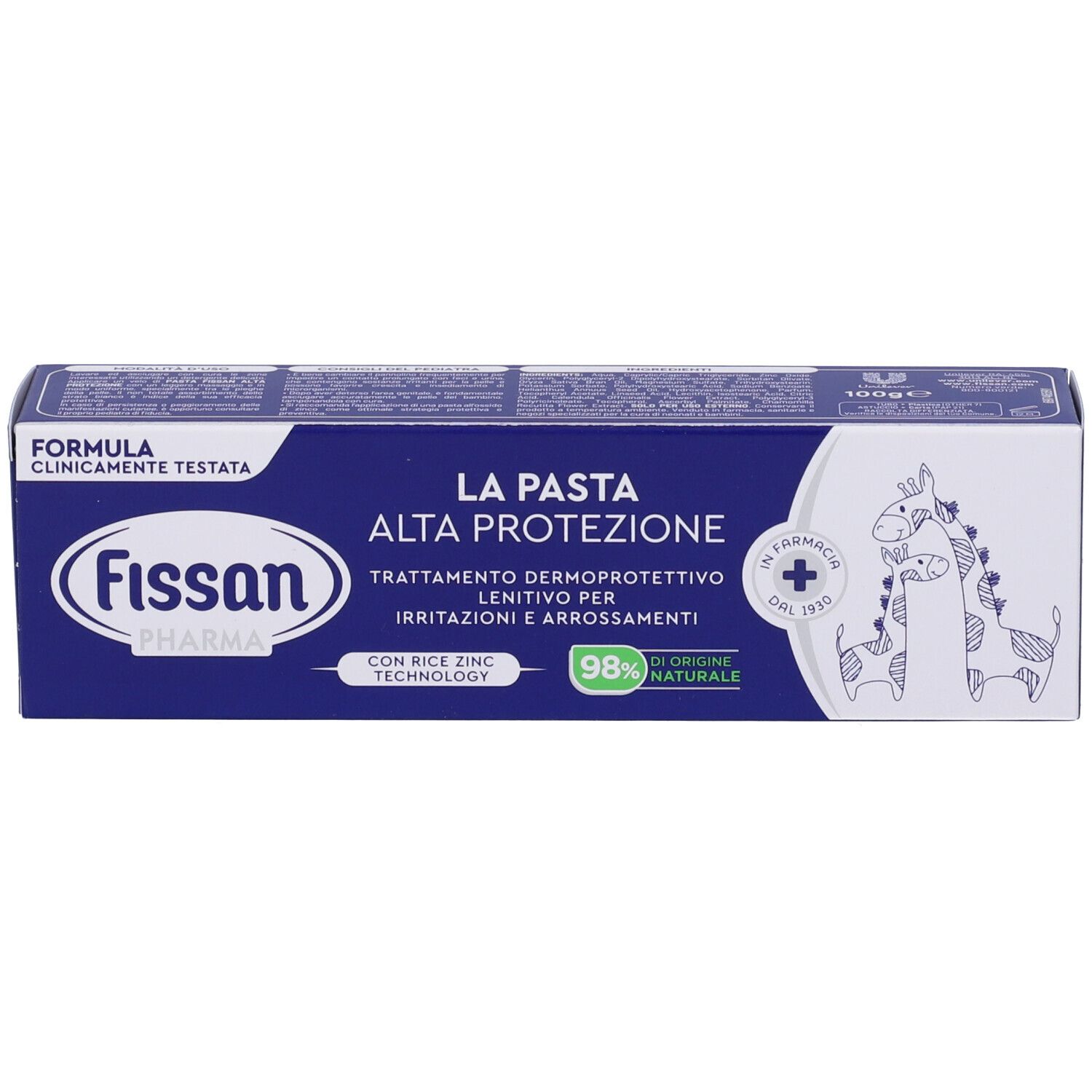 Scatola blu con nome e logo. Testo: Alta Protezione, trattamento per irritazioni. 98% ingredienti naturali. Illustrazione: giraffe.
