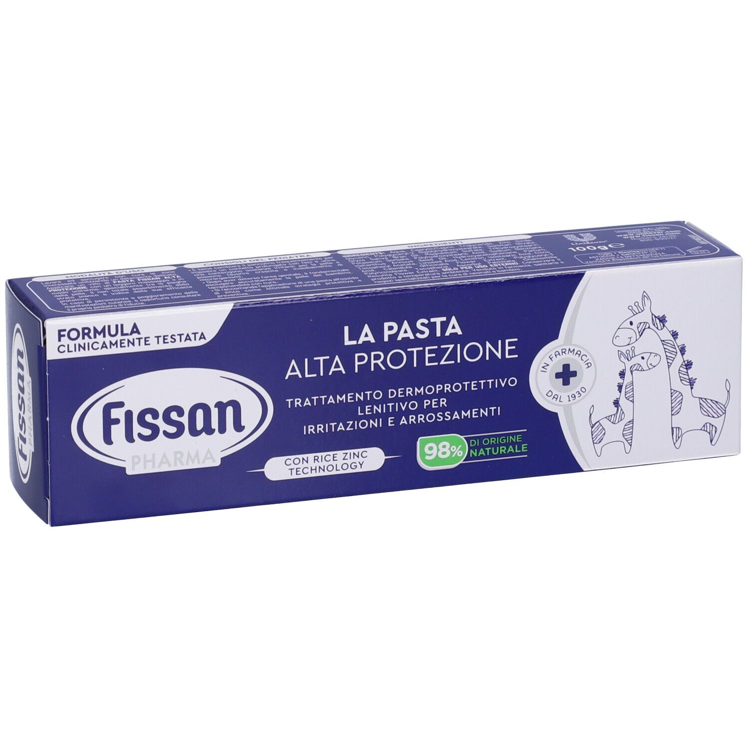 Scatola blu con nome e logo. Testo: Alta Protezione, trattamento per irritazioni. 98% ingredienti naturali. Illustrazione: giraffe.
