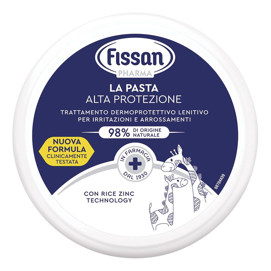 Barattolo rotondo con coperchio blu. Scritta: Fissan Pharma, La Pasta Alta Protezione. Contiene il 98% di ingredienti naturali.