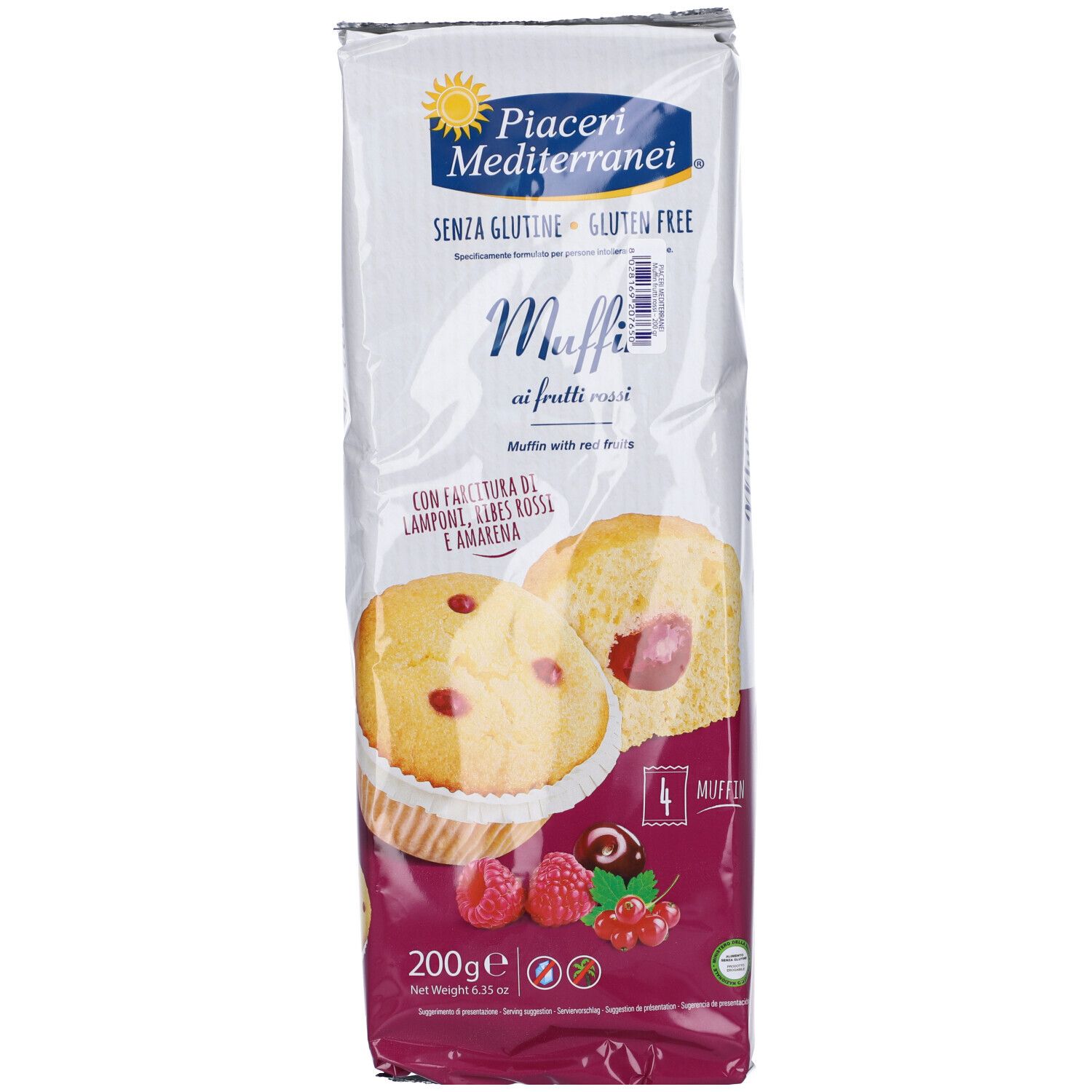 Confezione di muffin. Scritta: Piaceri Mediterranei, senza glutine, Muffin ai frutti rossi. Mostra 4 muffin ai frutti rossi.