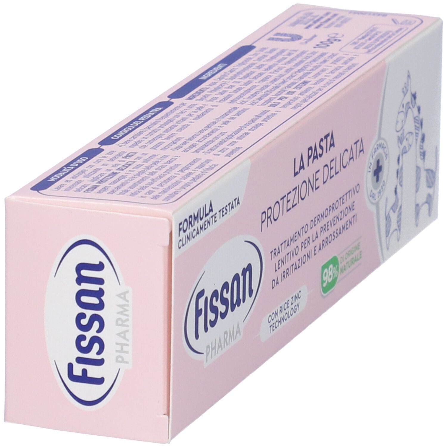 Scatola Fissan Pharma rosa. Scritto: La Pasta Protezione Delicata. 98% naturale. Con illustrazioni.