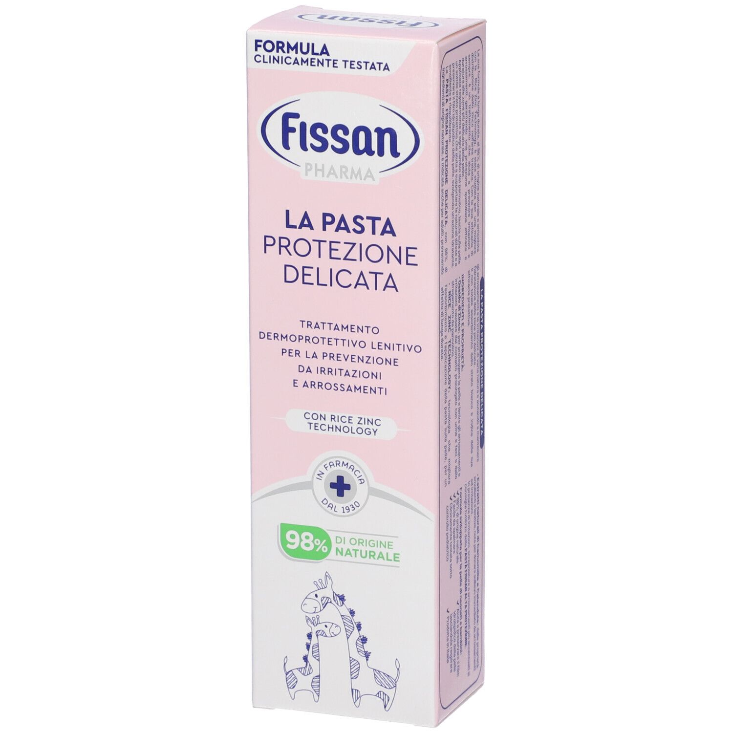 Scatola rosa Fissan Pharma. Scritto: La Pasta Protezione Delicata. 98% naturale. Con illustrazioni.